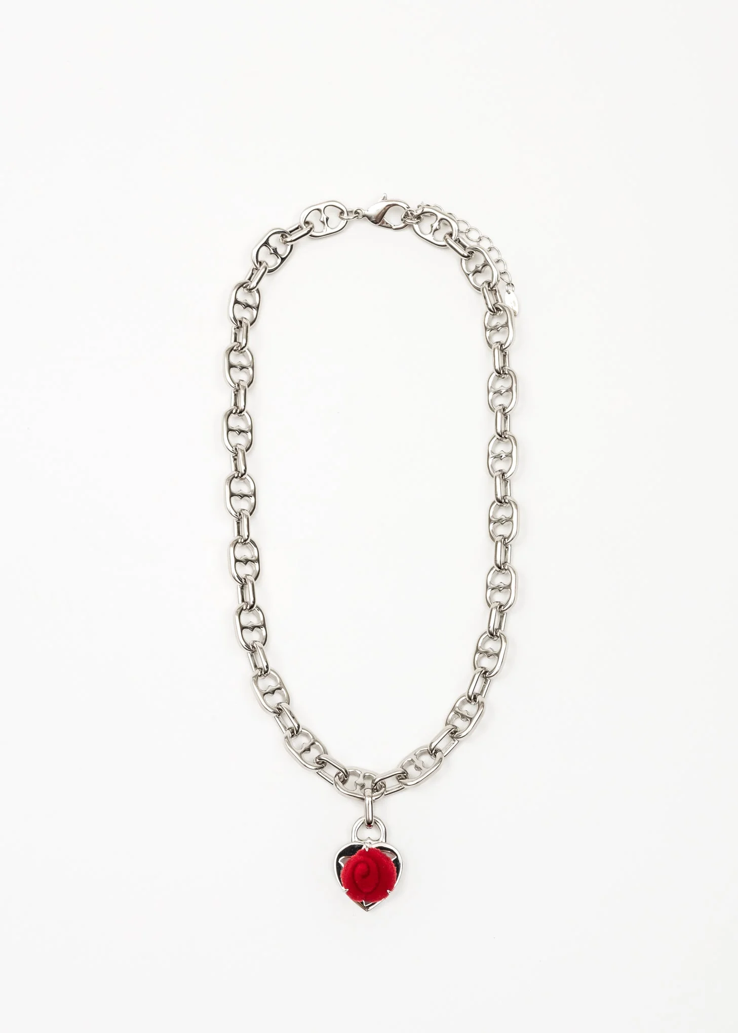 Silver and Red Velvet Rose Necklace