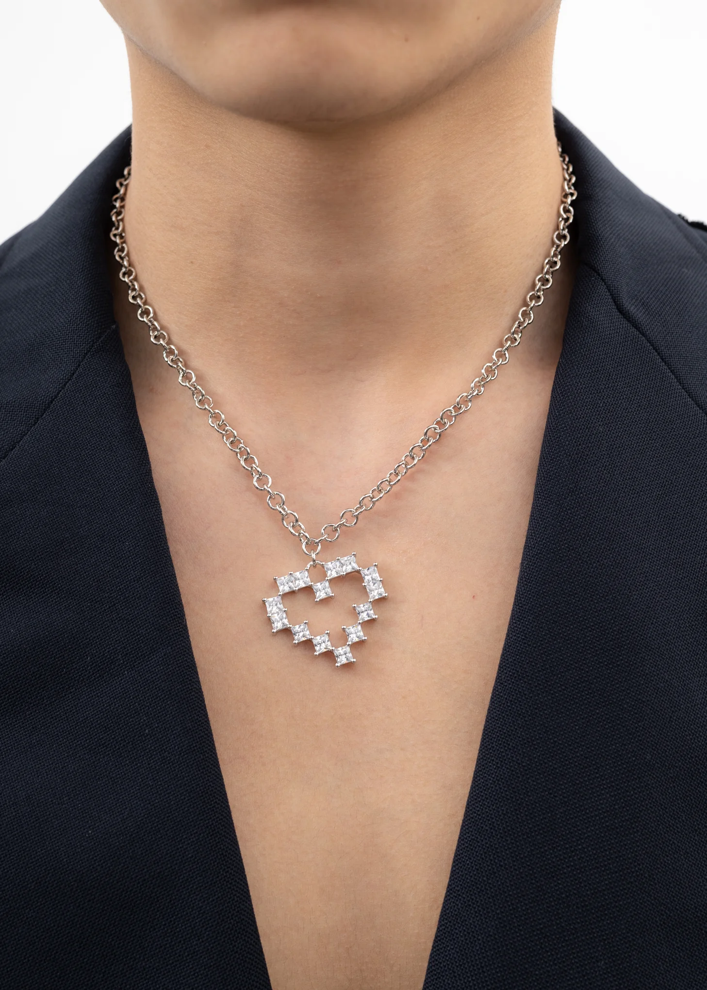 Silver And Rhinestone Big Heart Necklace - Image 3