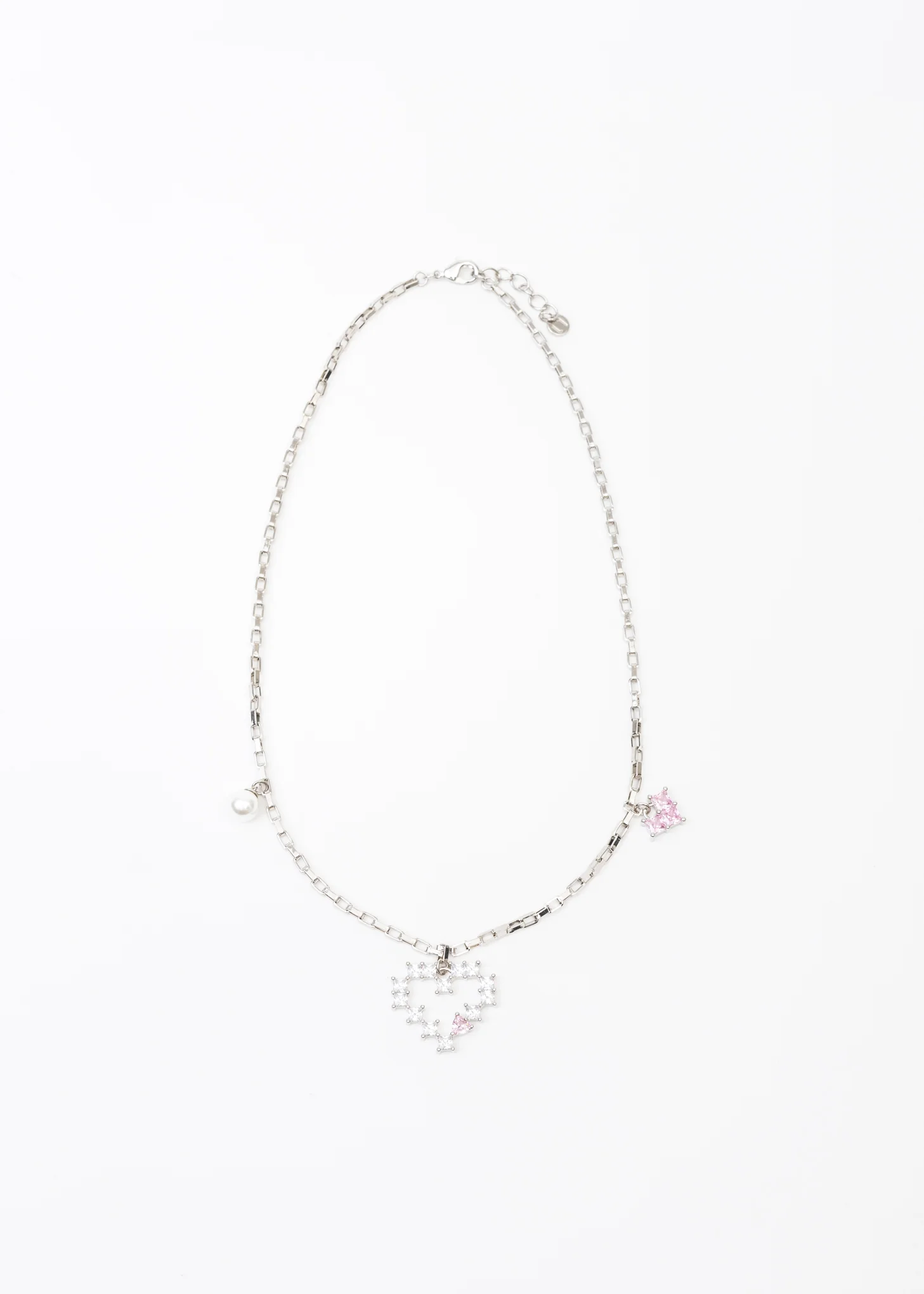 Silver/ Pearl And Rhinestone Hearts Necklace ( CHUYU)