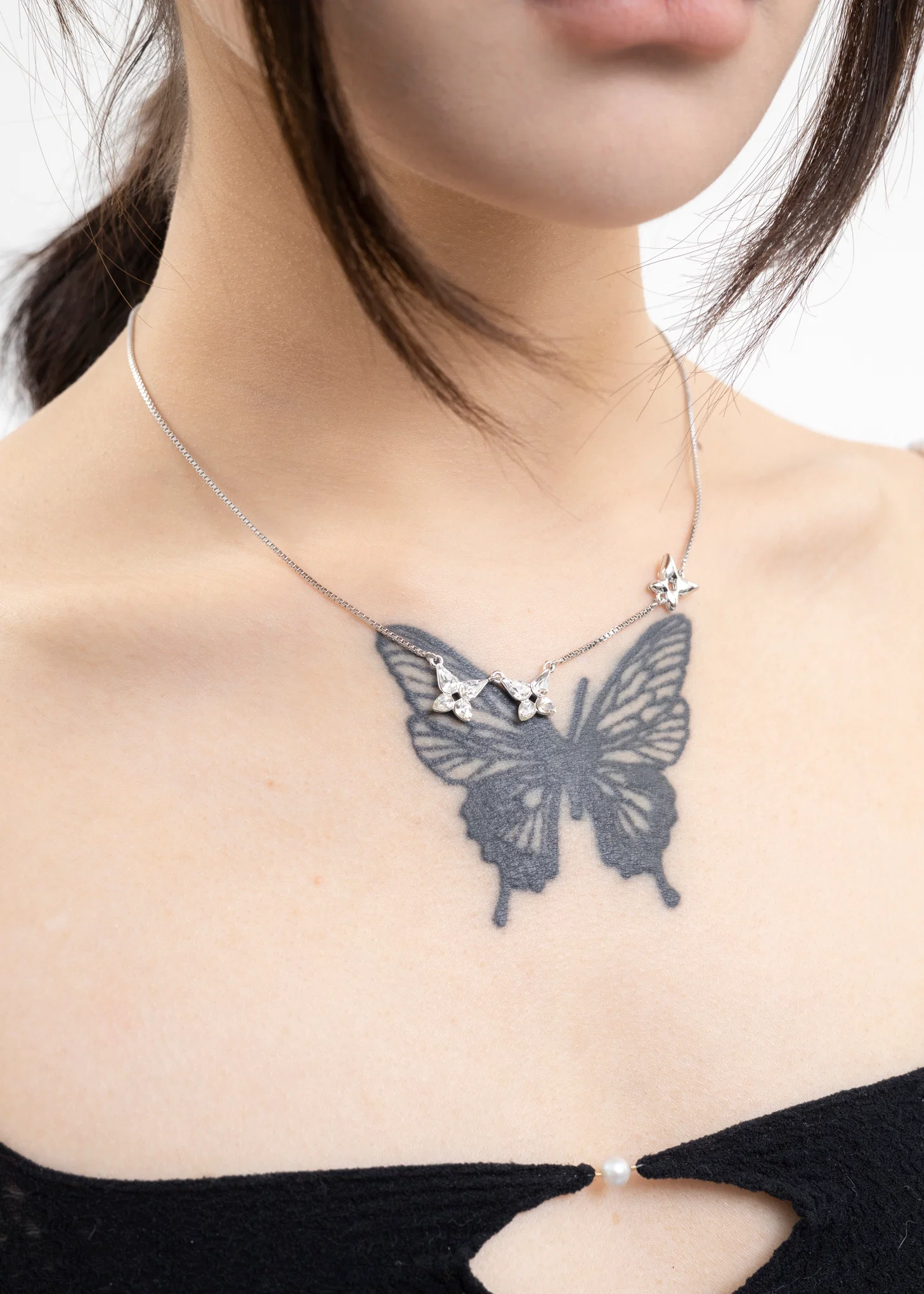 Silver And Rhinestone Butterflies Necklace - Image 2