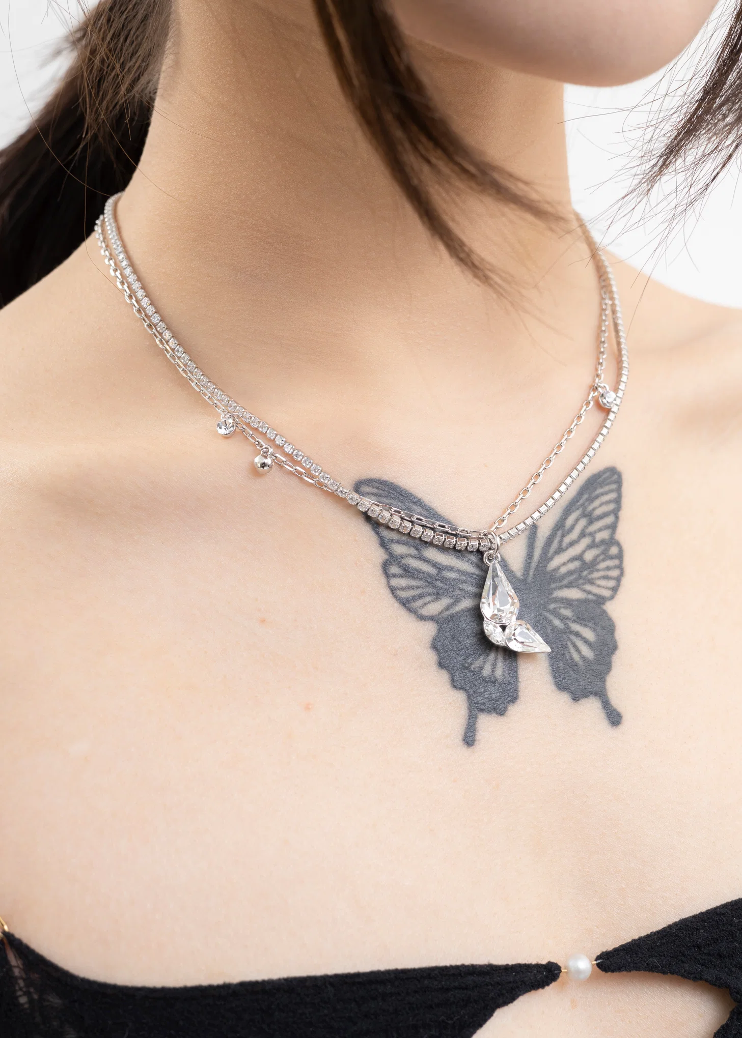 Silver And Rhinestone Wing  Necklace - Image 2