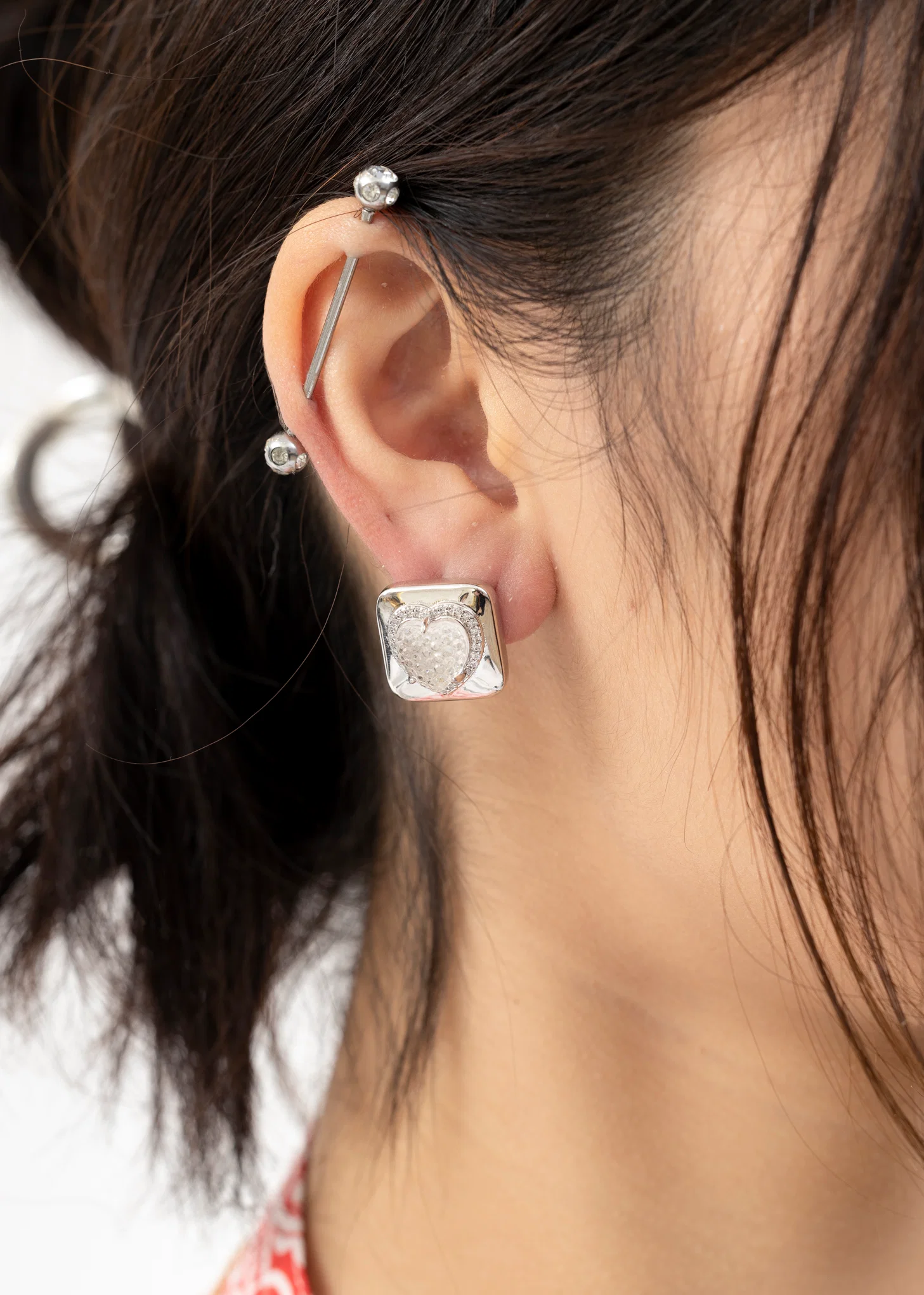 Silver And White Heart Earring - Single - Image 3