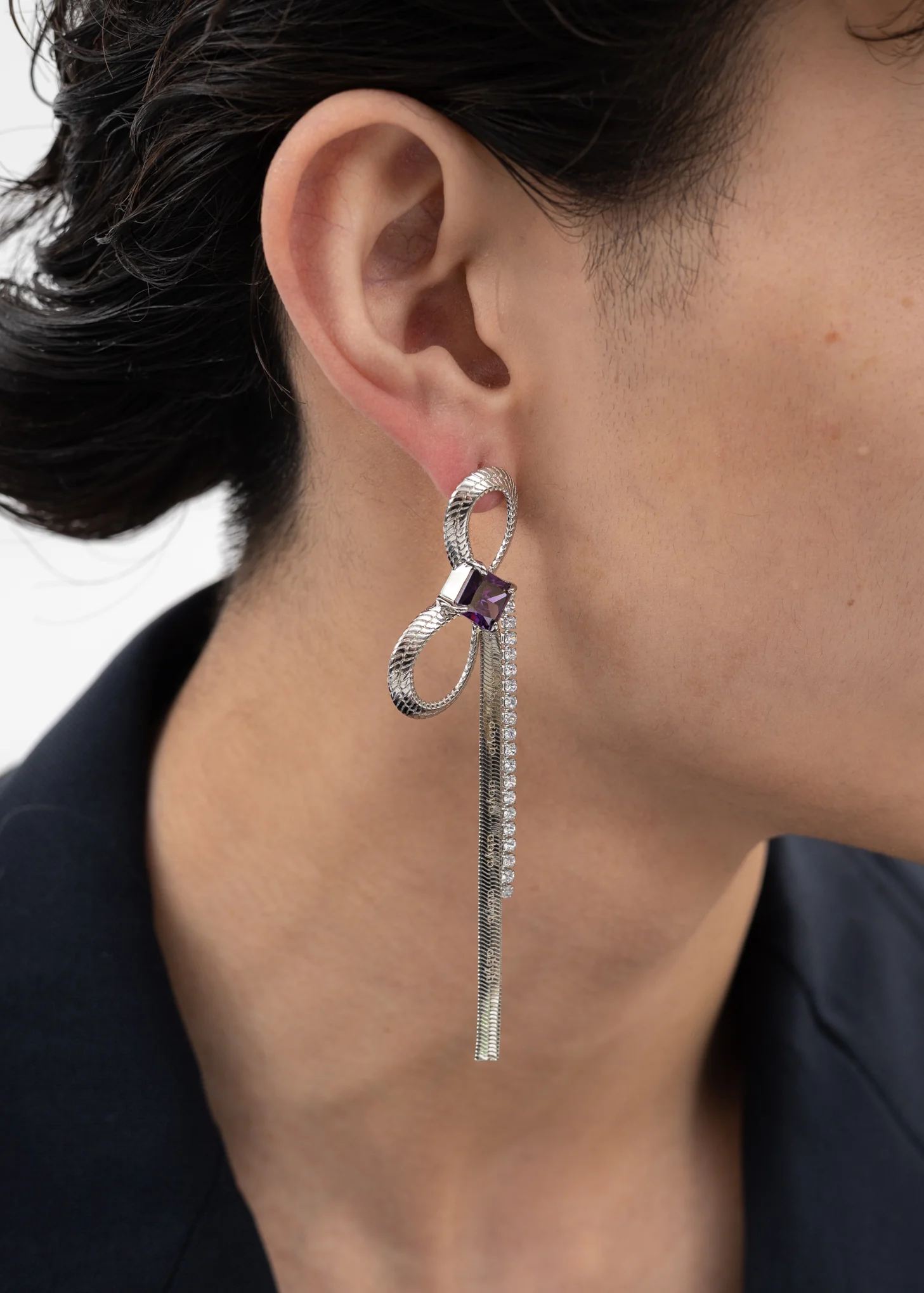 Silver Angel Wings And Purple Stone Earring - Single - Image 3