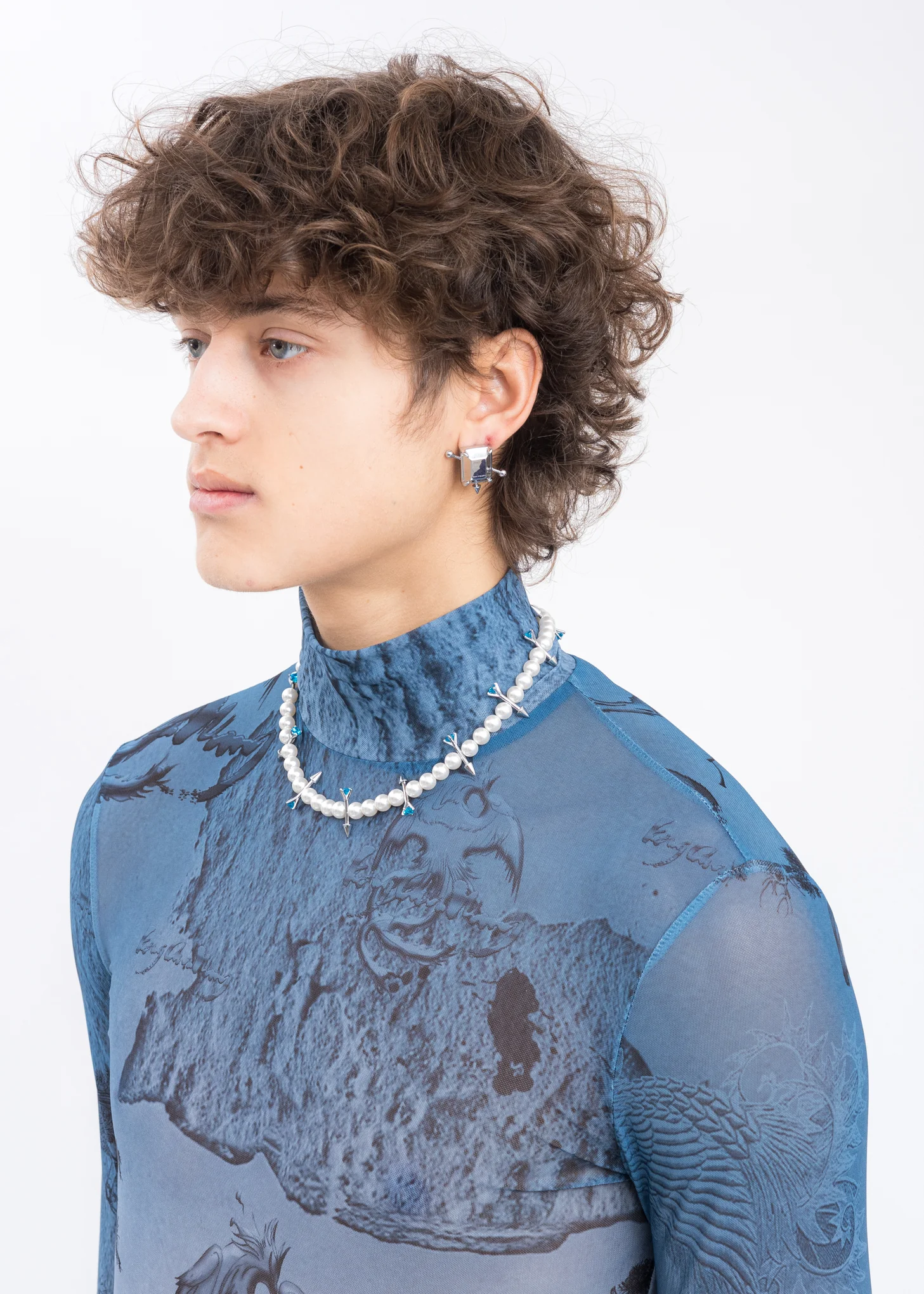 Silver Blue Stone Earring  And Pearl Necklace - Image 2