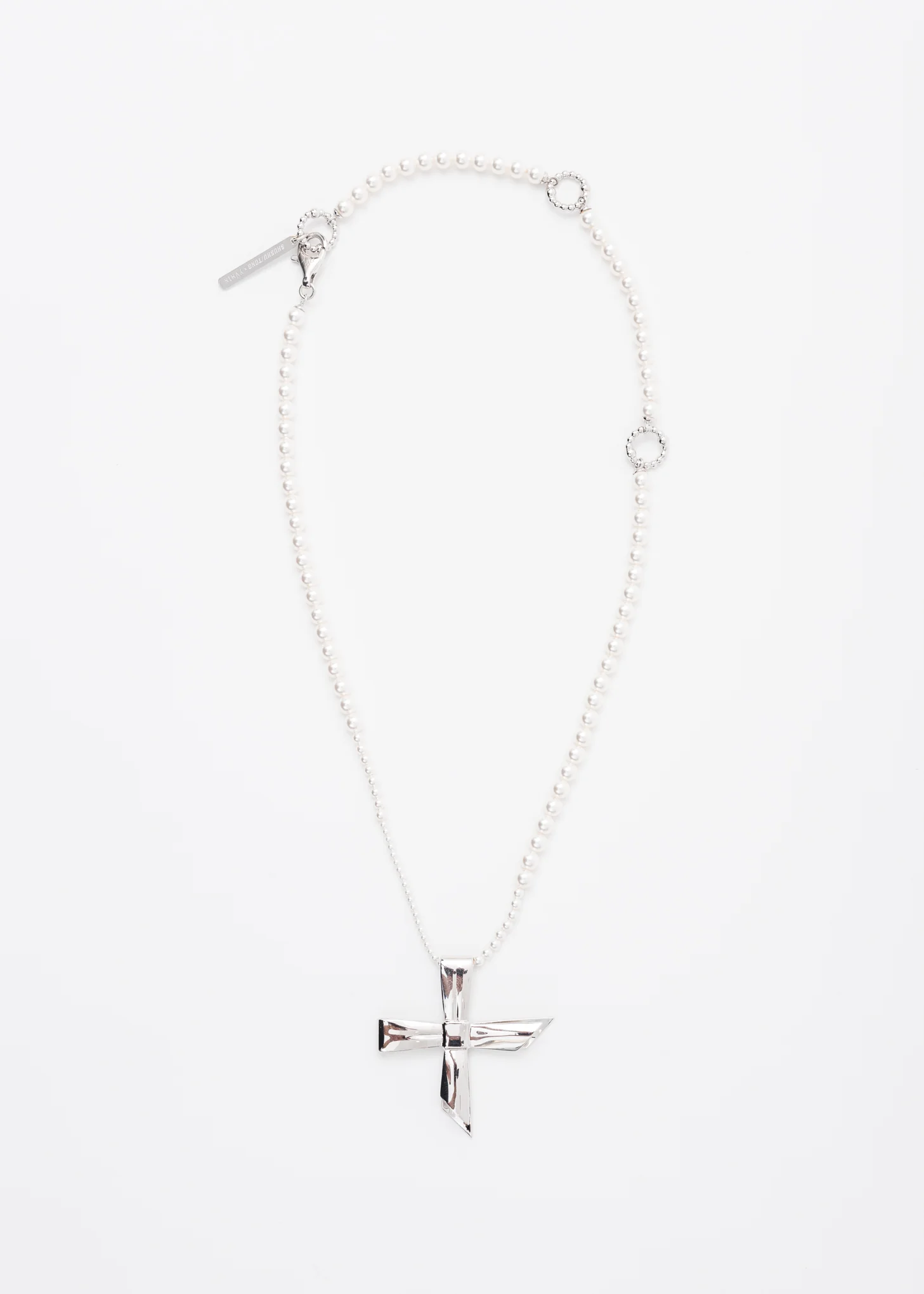 Silver Cross Bow And Black Pearl Necklace