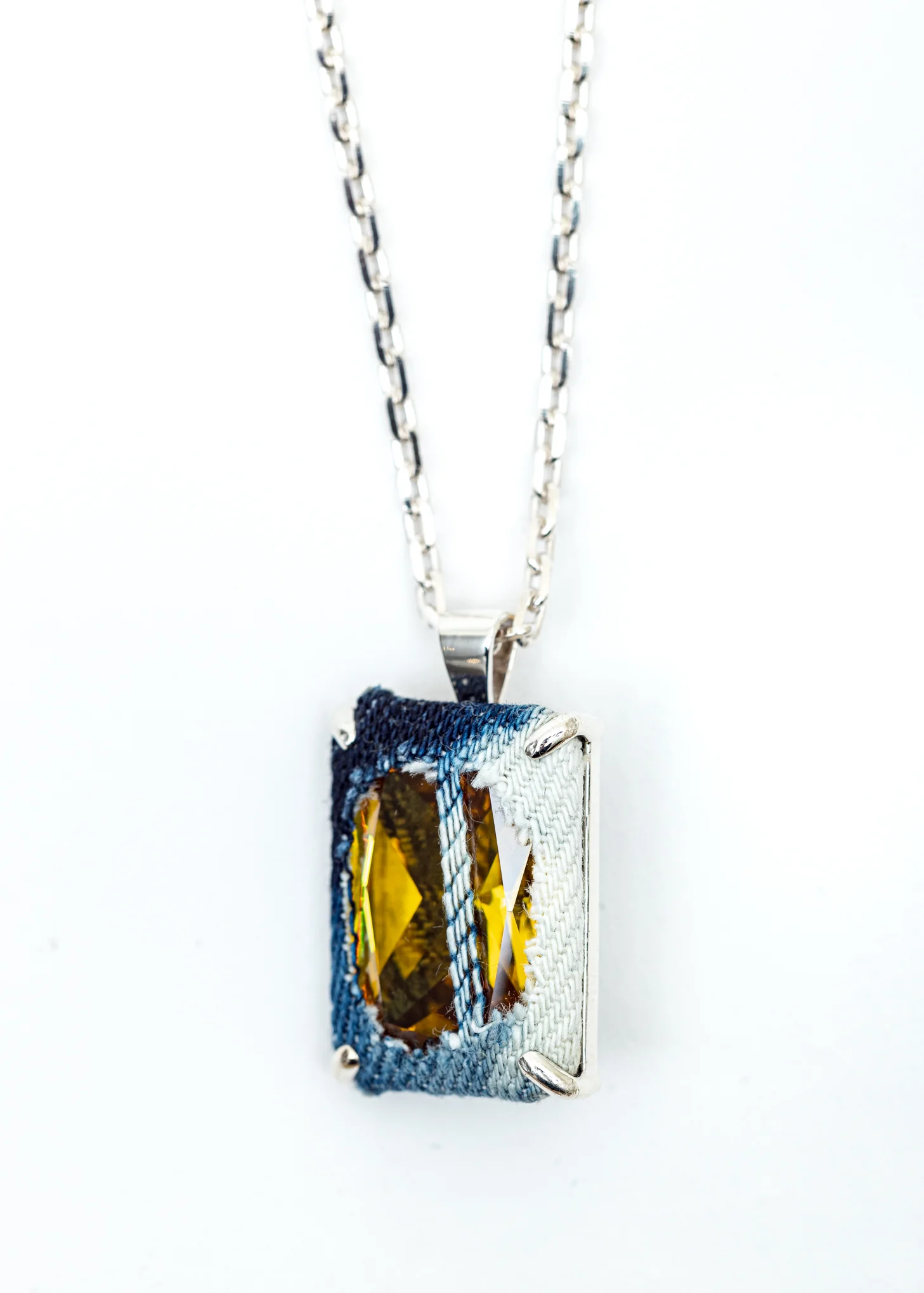 Silver Denim Octagonal Necklace (Blue Denim, Yellow Stone) - Image 3