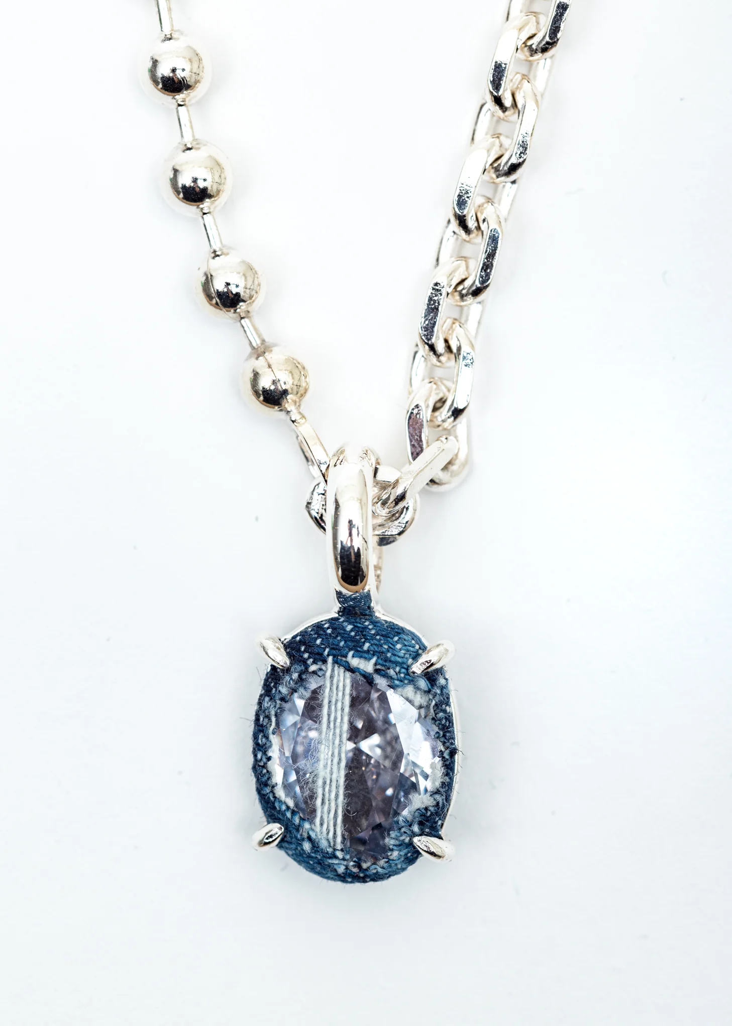Silver Denim Oval Heavy Choker (Blue Denim, Clear Stone) - Image 3