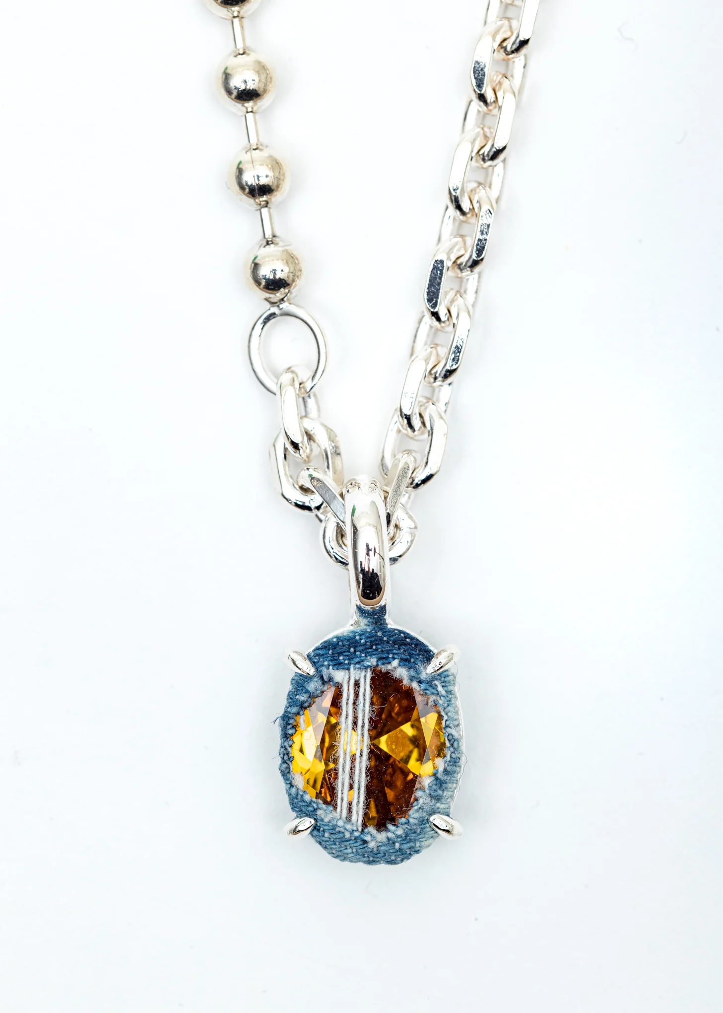 Silver Denim Oval Heavy Choker (Blue Denim, Yellow Stone) - Image 3