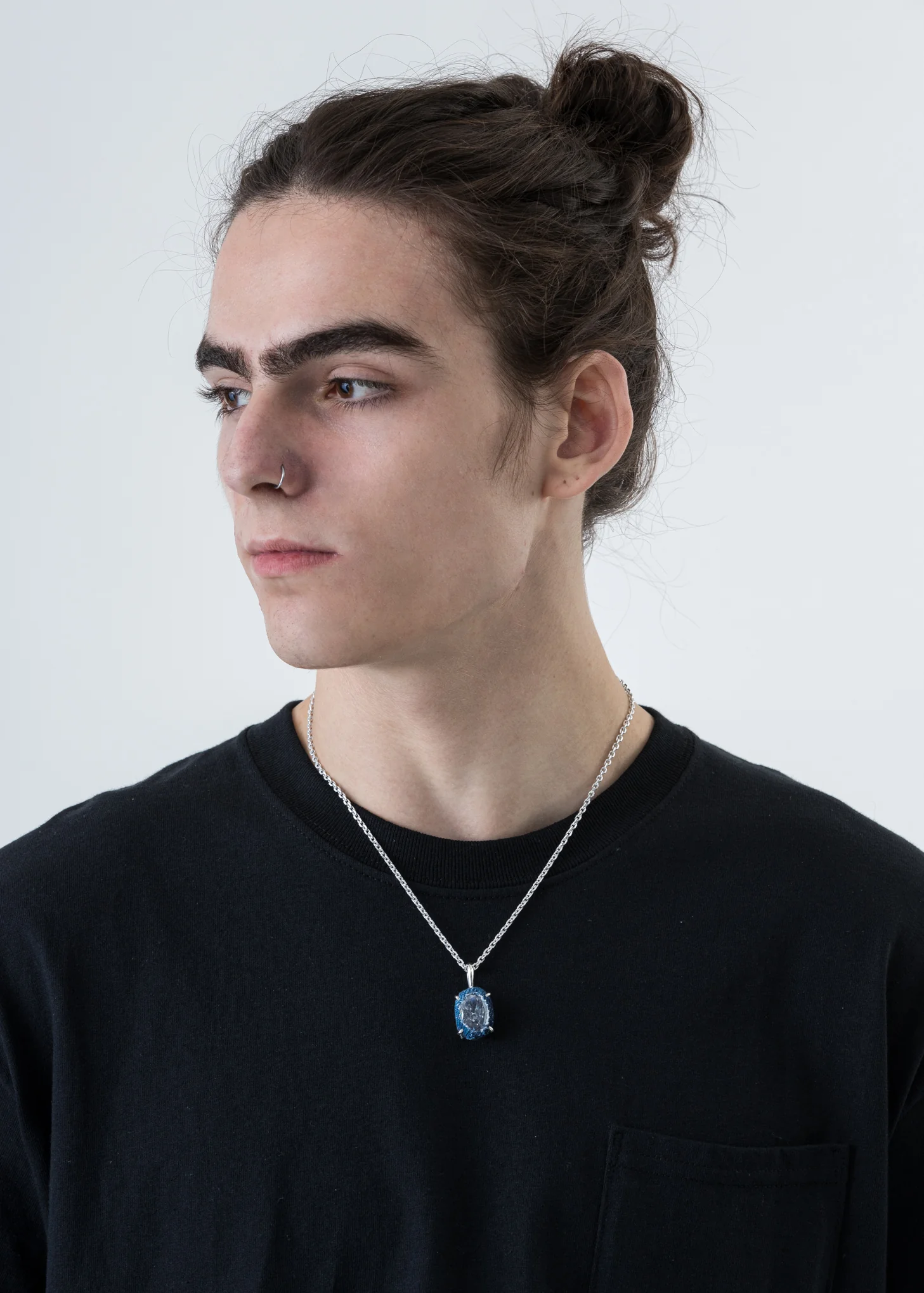 Silver Denim Oval Necklace (Blue Denim, Clear Stone) - Image 2