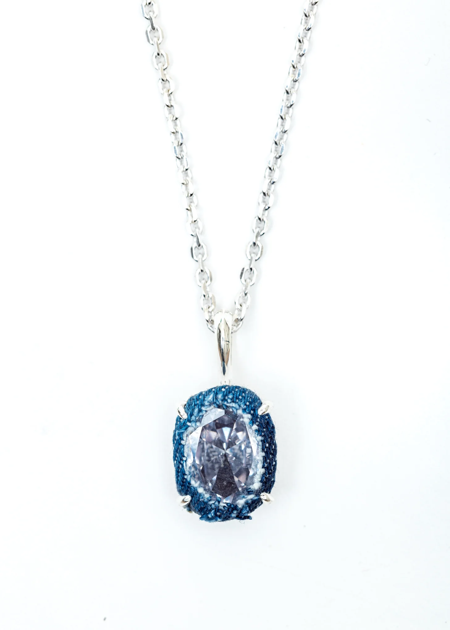 Silver Denim Oval Necklace (Blue Denim, Clear Stone) - Image 3