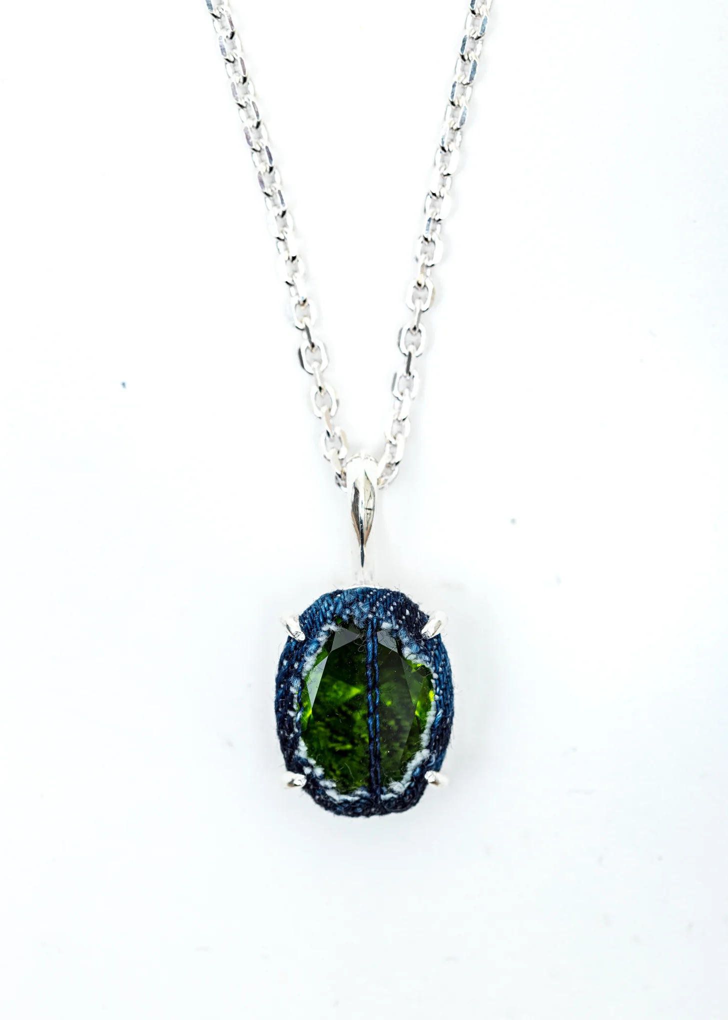 Silver Denim Oval Necklace (Blue Denim, Green Stone) - Image 3