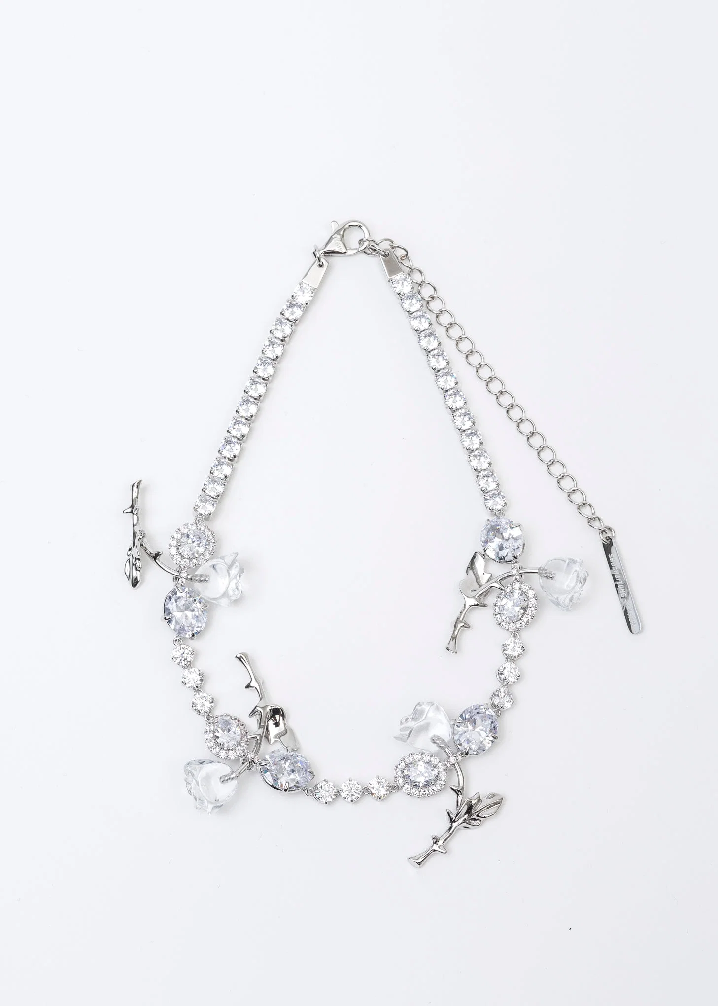 Silver Flower Chain Clear Rose Necklace