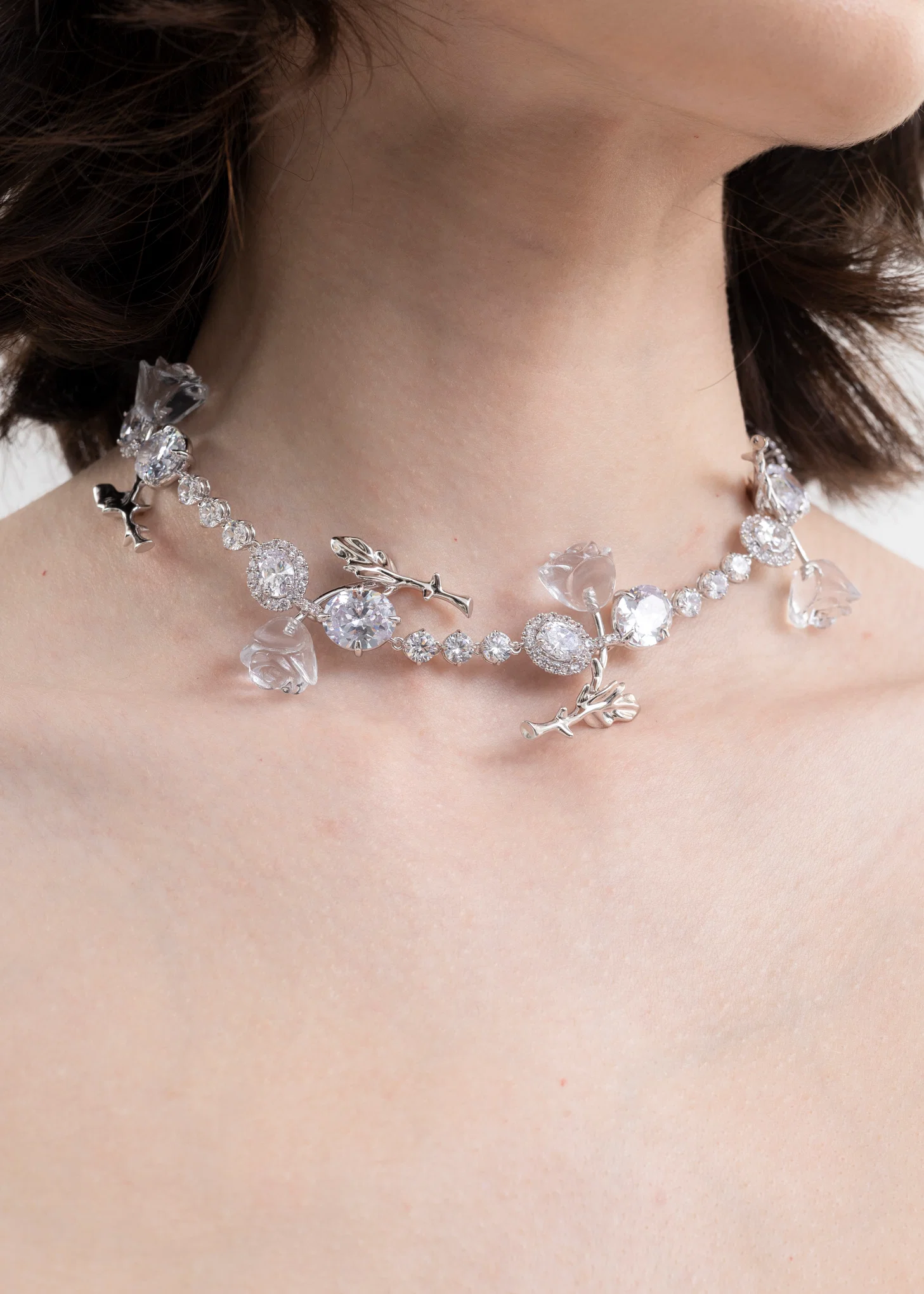 Silver Flower Chain Clear Rose Necklace - Image 3