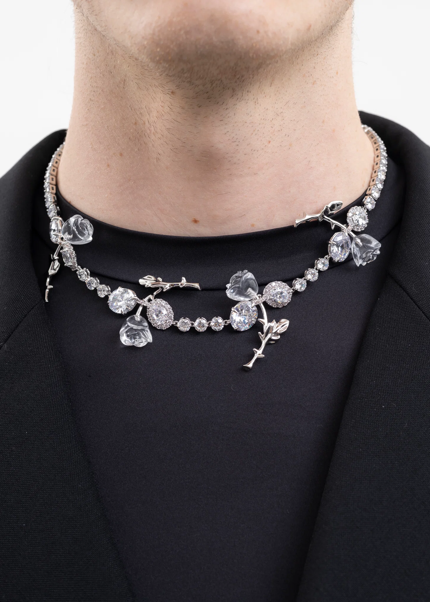 Silver Flower Chain Clear Rose Necklace - Image 3