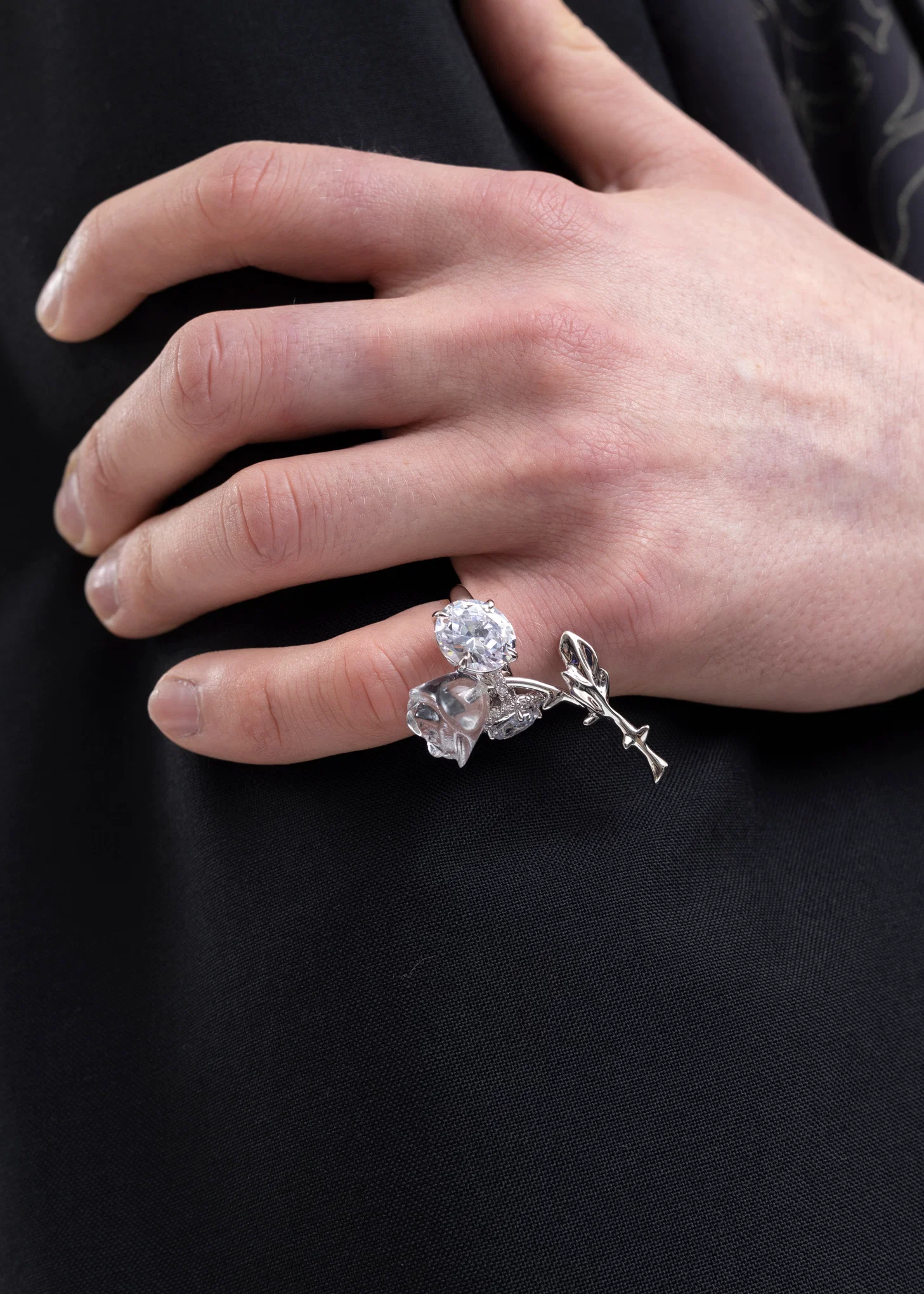 Silver Flower Double Zircon Clear Rose Ring - Image 2