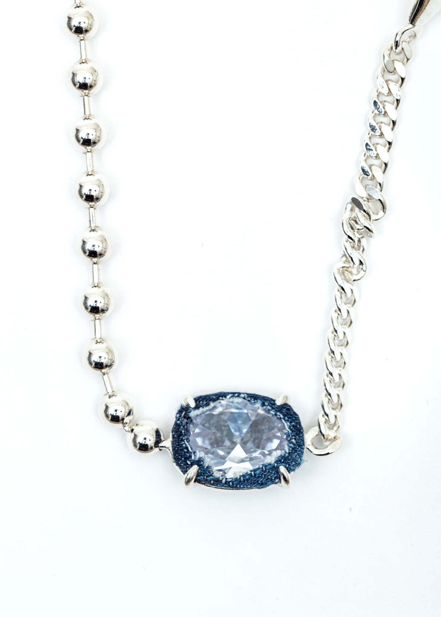 Silver Half Crucifix Signet Denim Oval Necklace (Blue Denim, Clear Stone) - Image 3