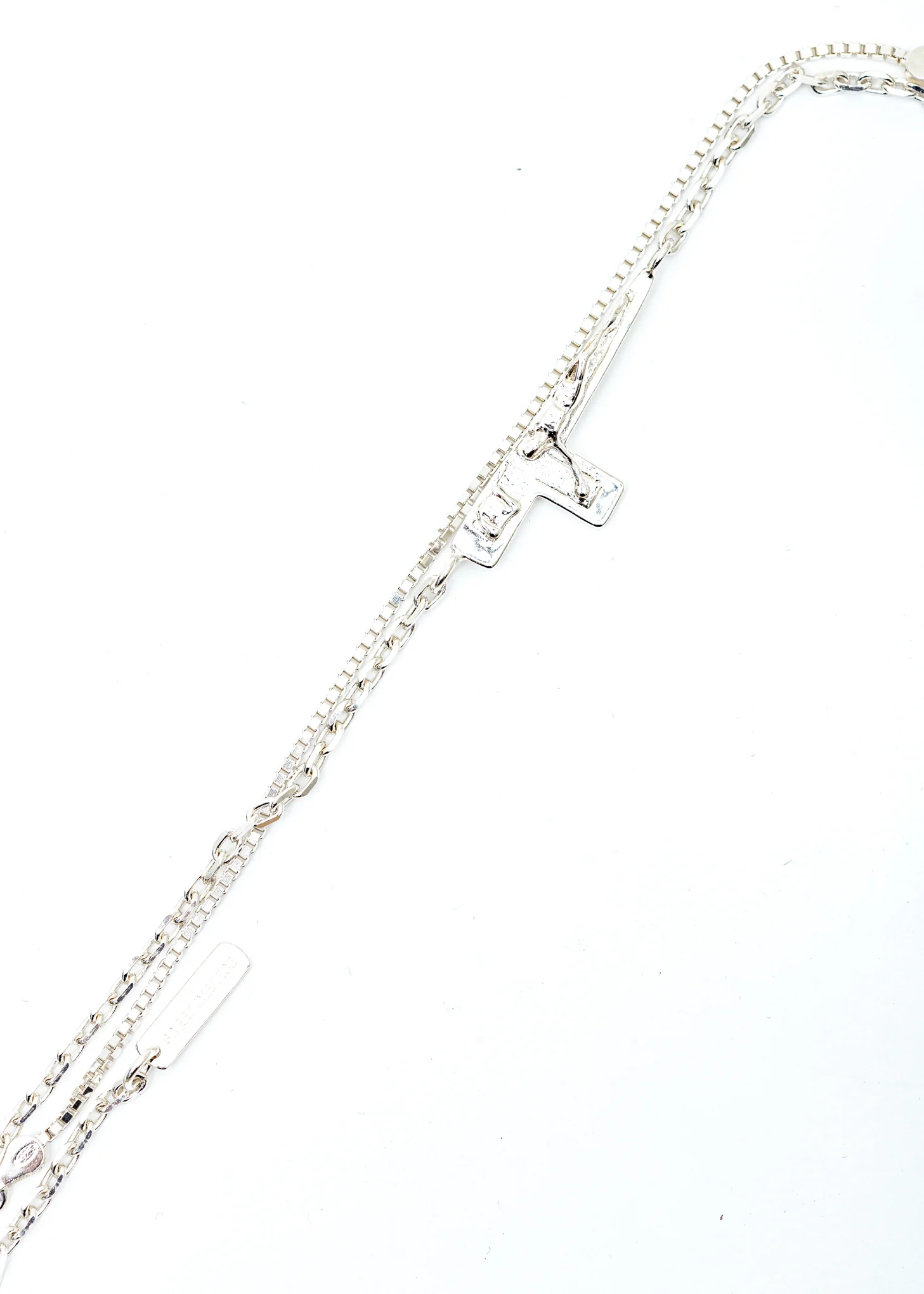 Silver Half Crucifix Signet Denim Oval Necklace (Blue Denim, Clear Stone) - Image 4