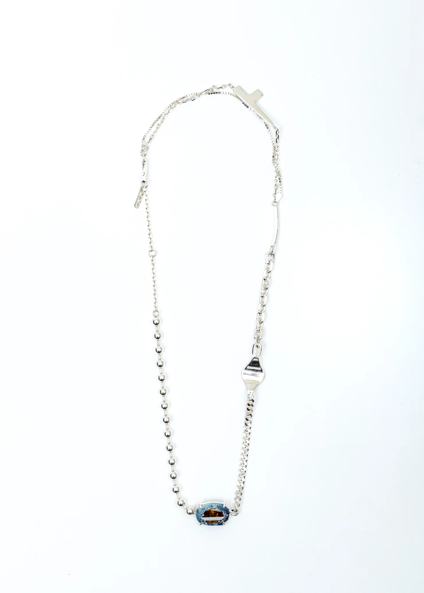 Silver Half Crucifix Signet Denim Oval Necklace (Blue Denim, Yellow Stone)