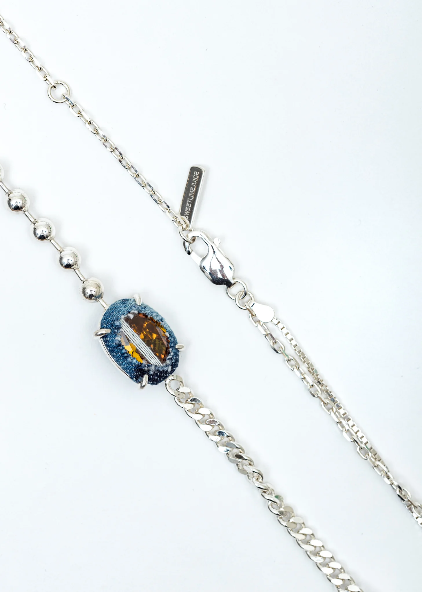 Silver Half Crucifix Signet Denim Oval Necklace (Blue Denim, Yellow Stone) - Image 5