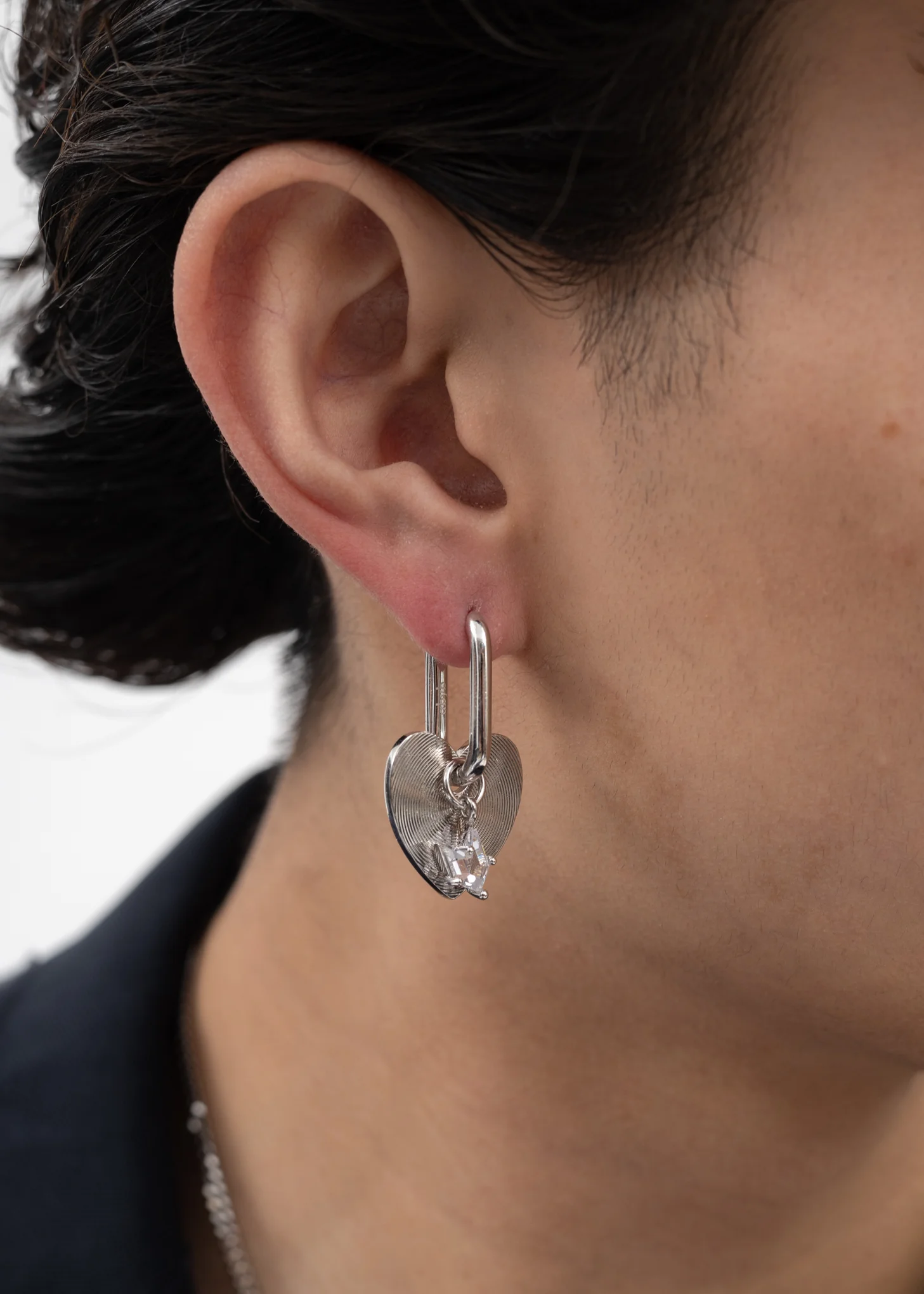 Silver Heart Earring With Rhinestone Ball- Single - Image 3