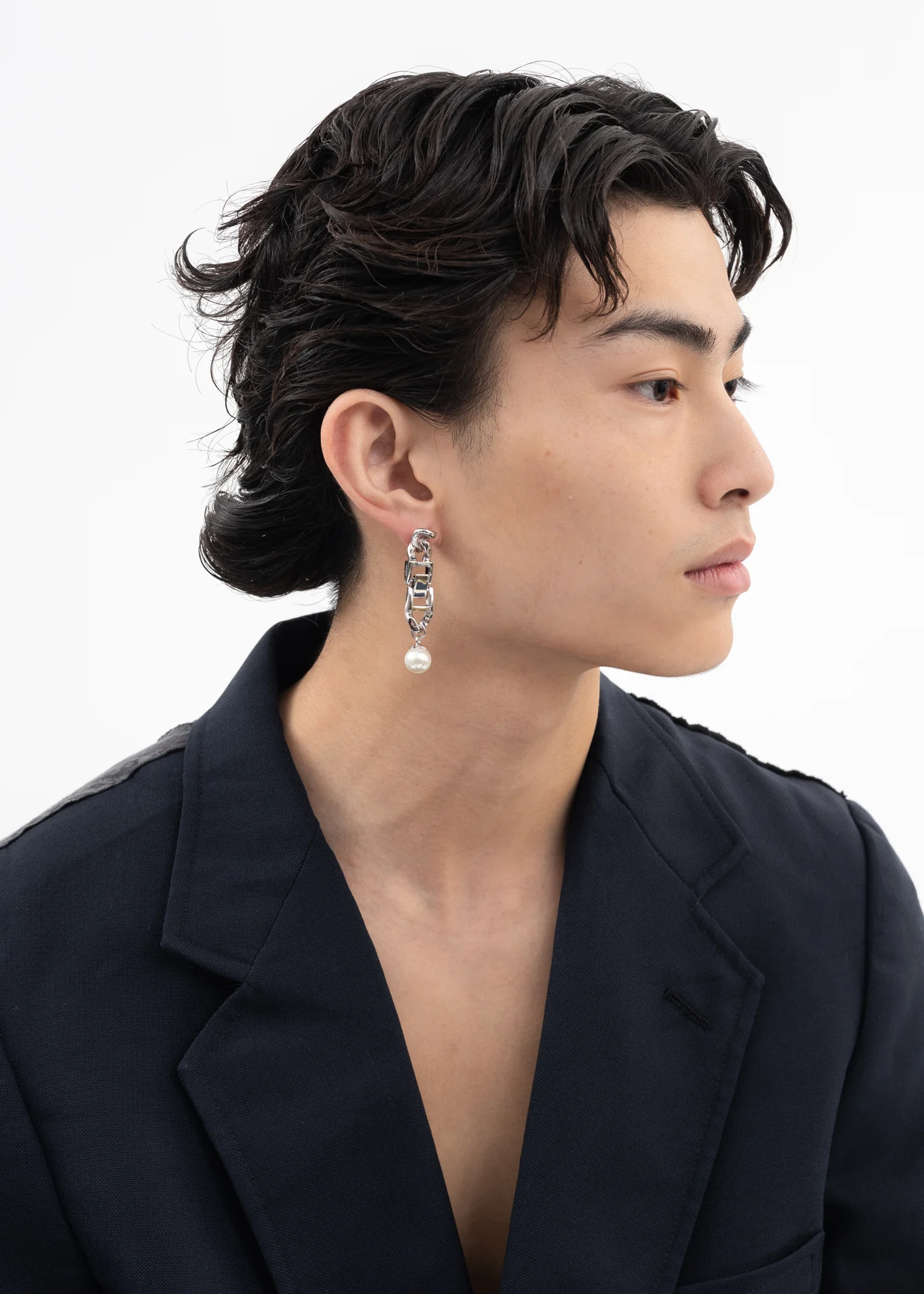 Silver Link And Pearl Earring - Single - Image 2