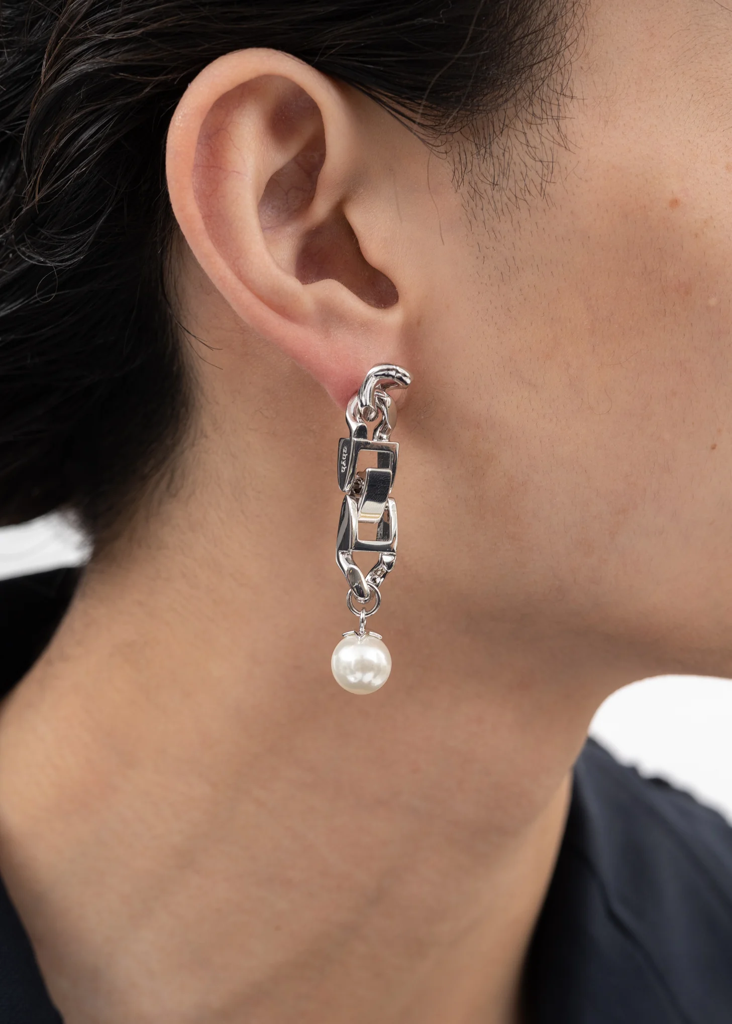 Silver Link And Pearl Earring - Single - Image 3