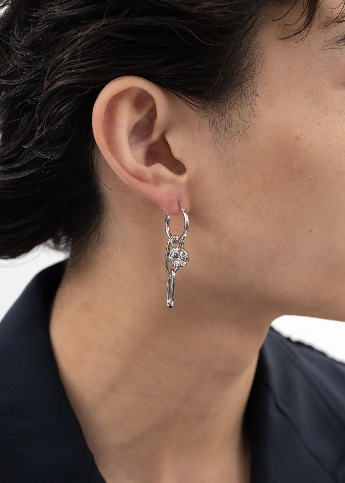 Silver Links Earring With Rhinestone - Single - Image 2