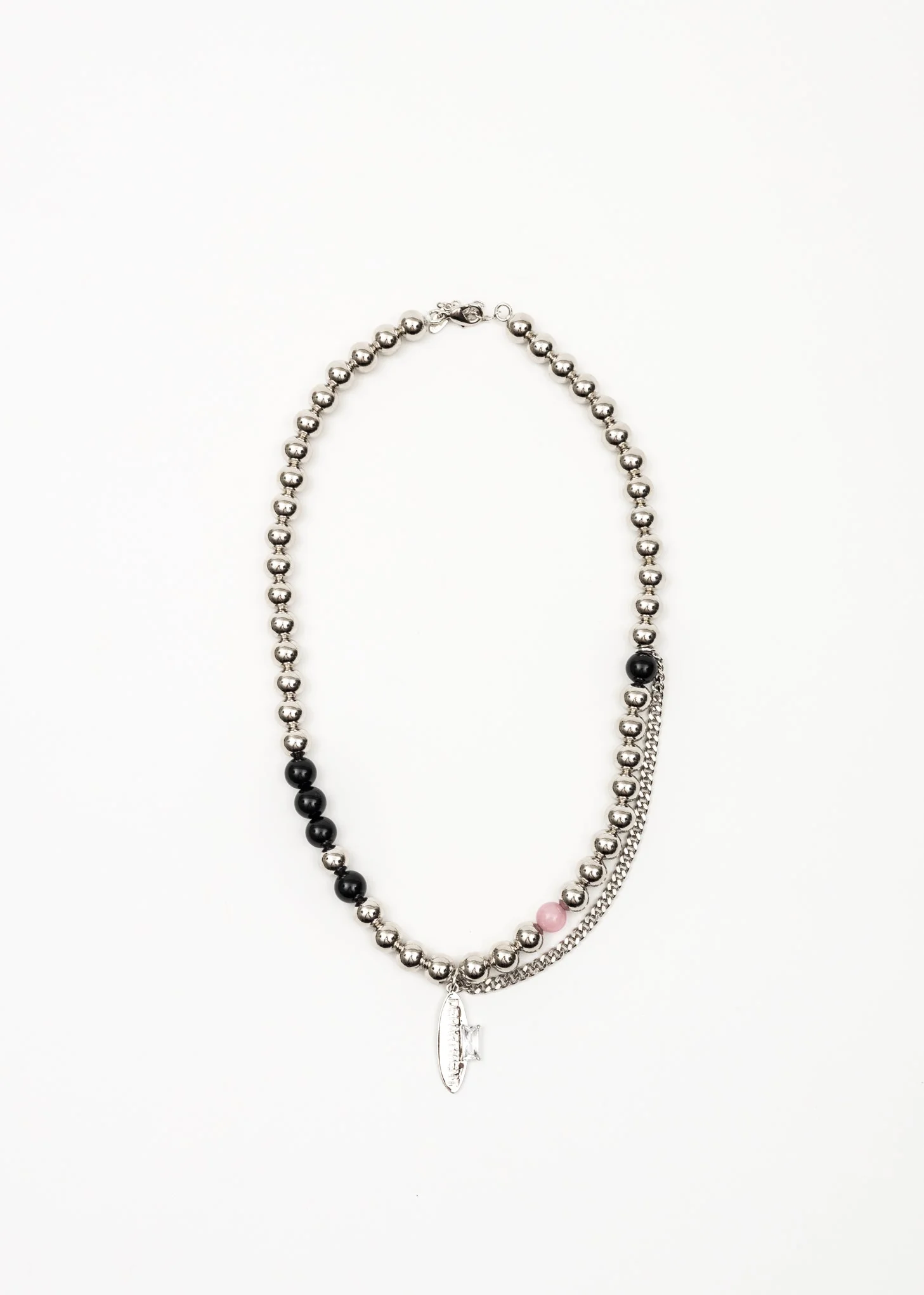 Silver Mix Ball and Rhinestone Tag Necklace