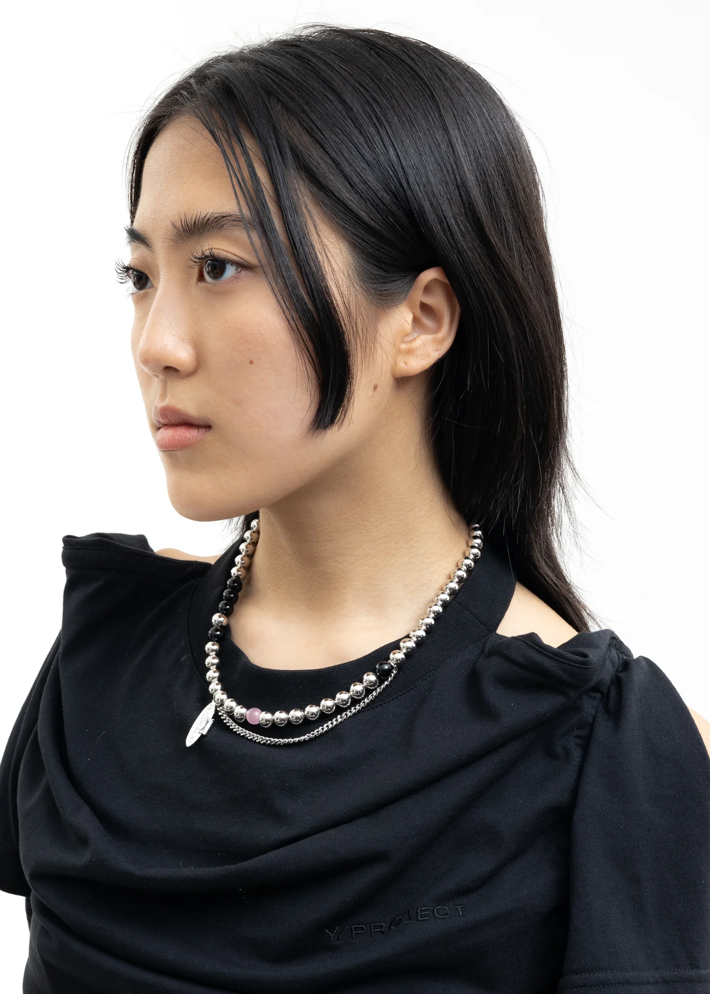 Silver Mix Ball and Rhinestone Tag Necklace - Image 2