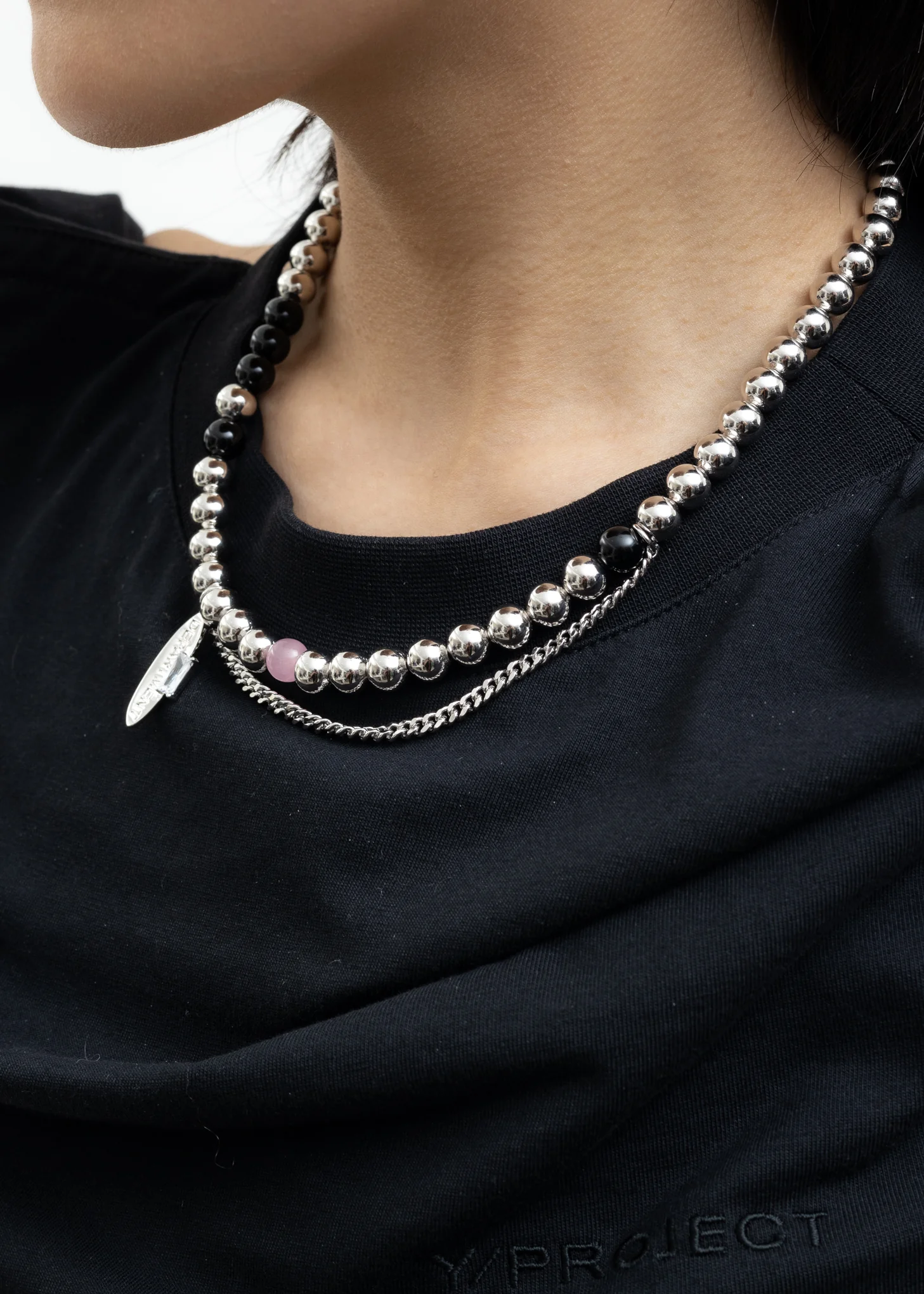 Silver Mix Ball and Rhinestone Tag Necklace - Image 3