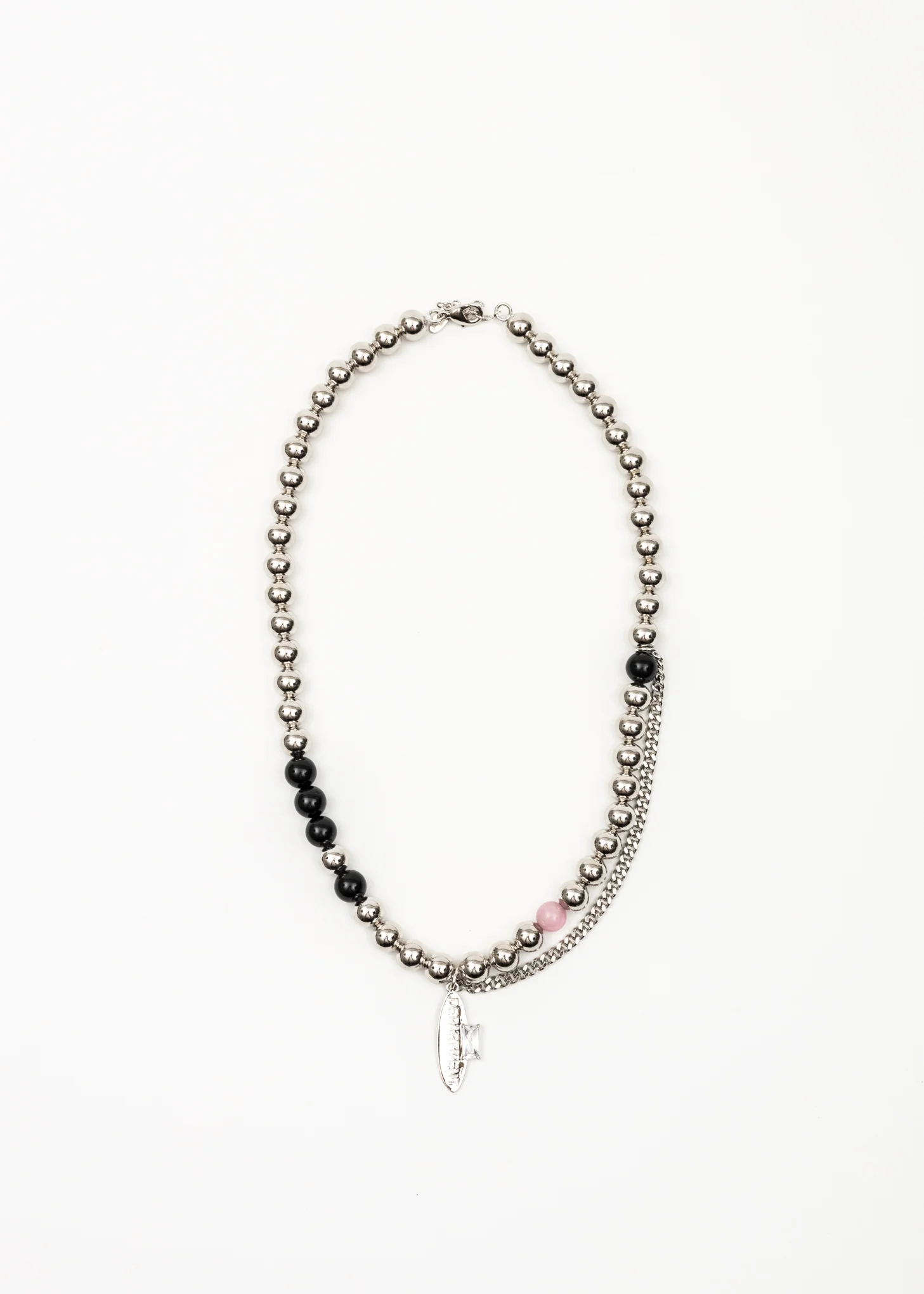 Silver Mix Ball and Rhinestone Tag Necklace