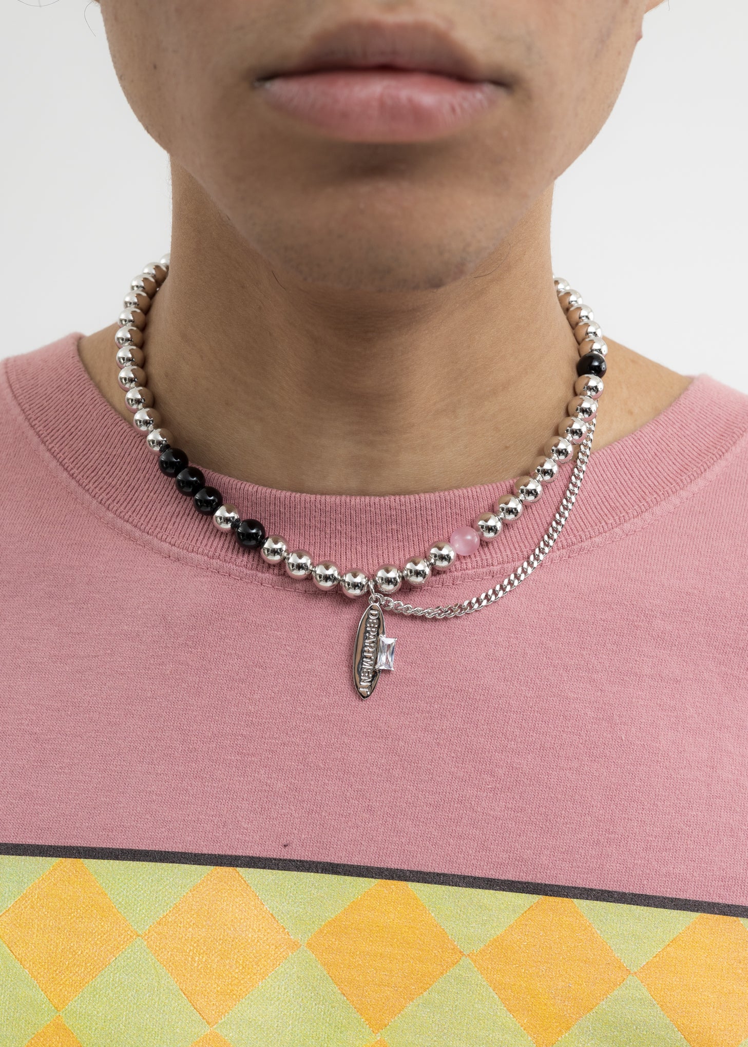 Silver Mix Ball and Rhinestone Tag Necklace - Image 2