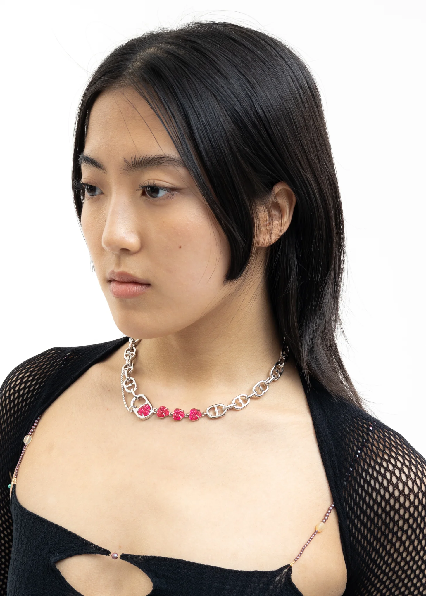 Silver Mix Chains And Pink Hearts Necklace - Image 2