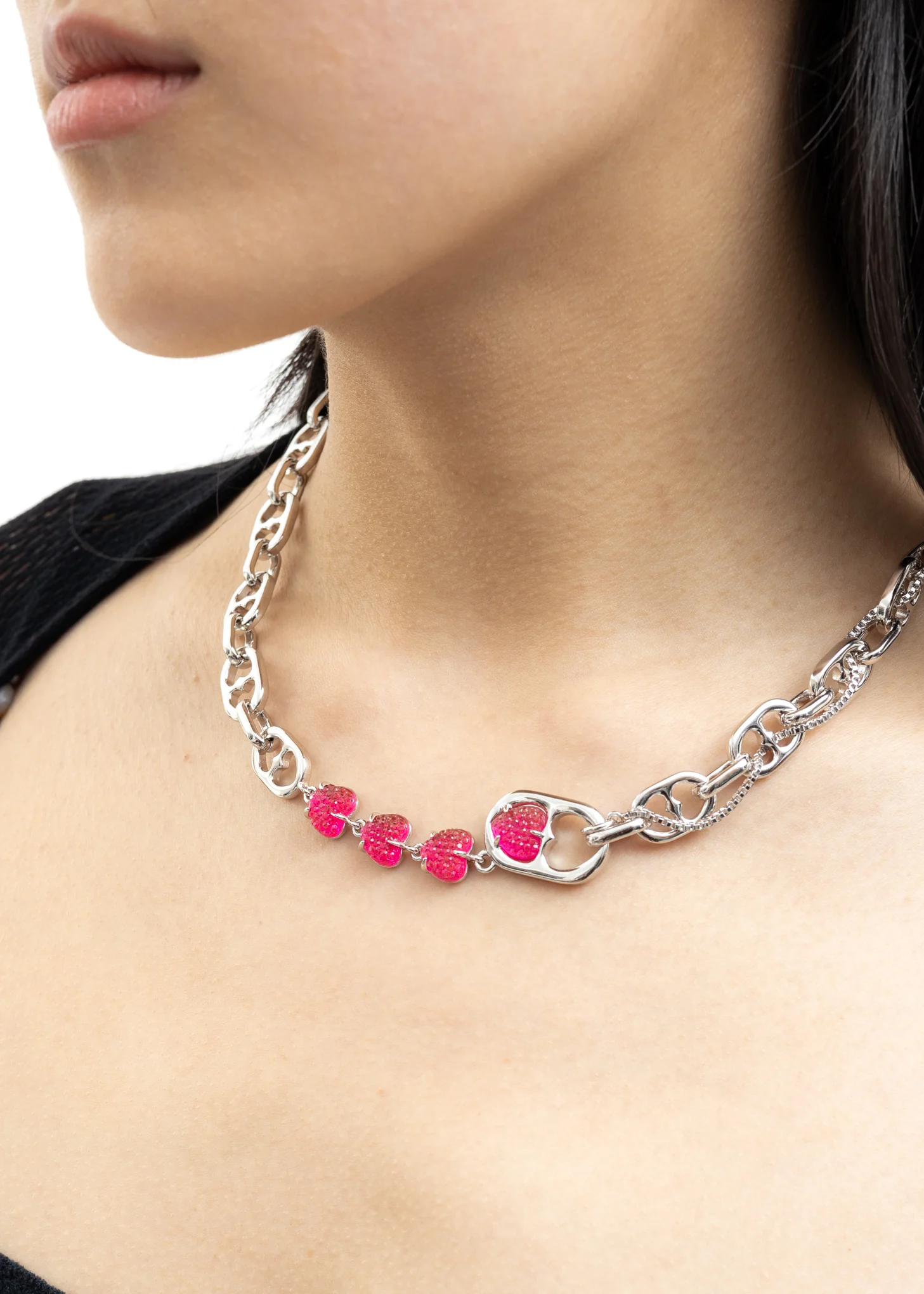 Silver Mix Chains And Pink Hearts Necklace - Image 3
