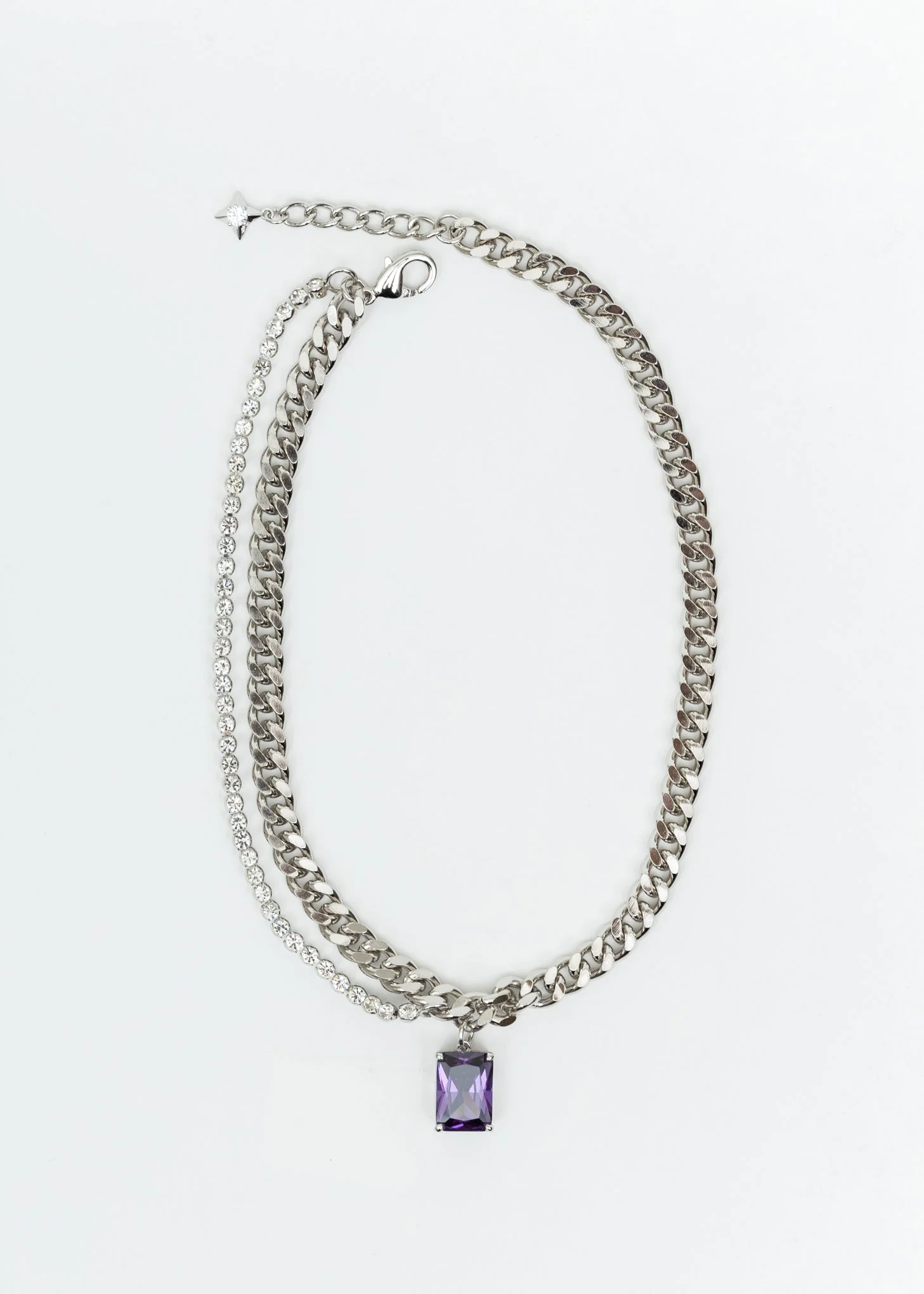 Silver Mix Chains And Purple Stone Necklace