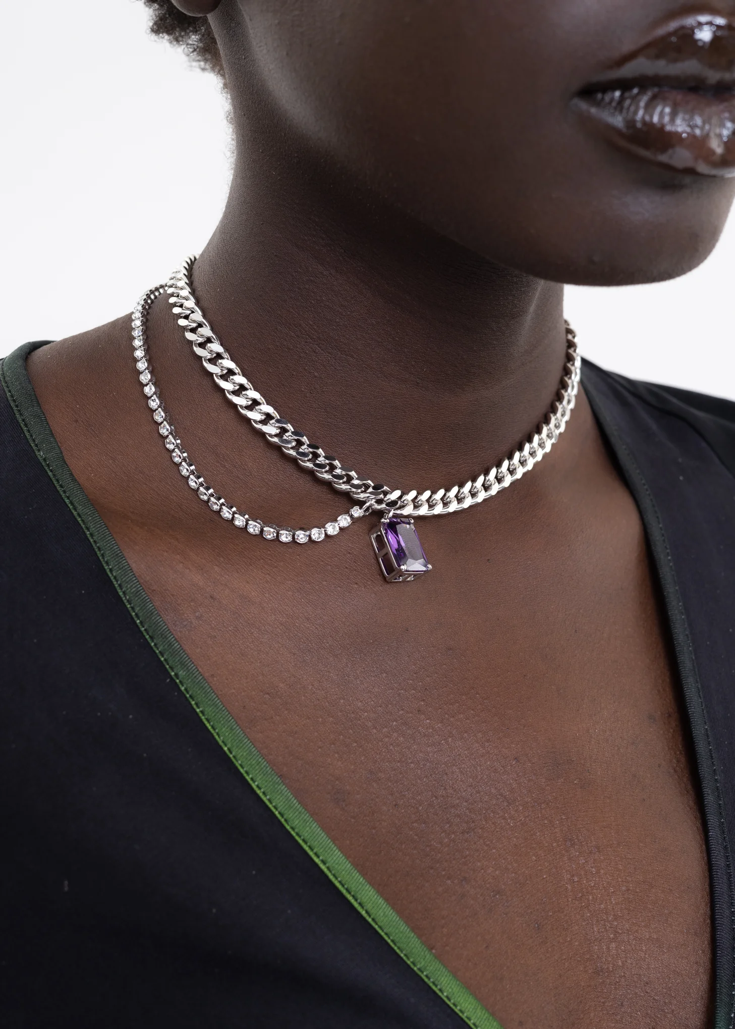 Silver Mix Chains And Purple Stone Necklace - Image 2