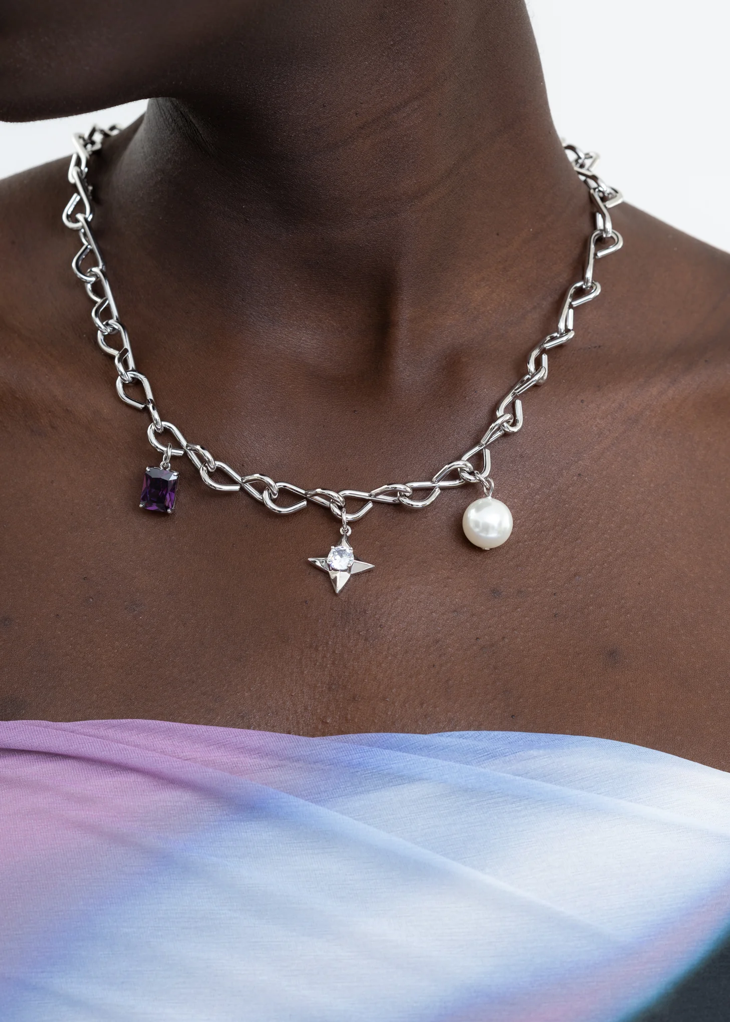 Silver Necklaces With Pearl, Star And Purple Stone - Image 3