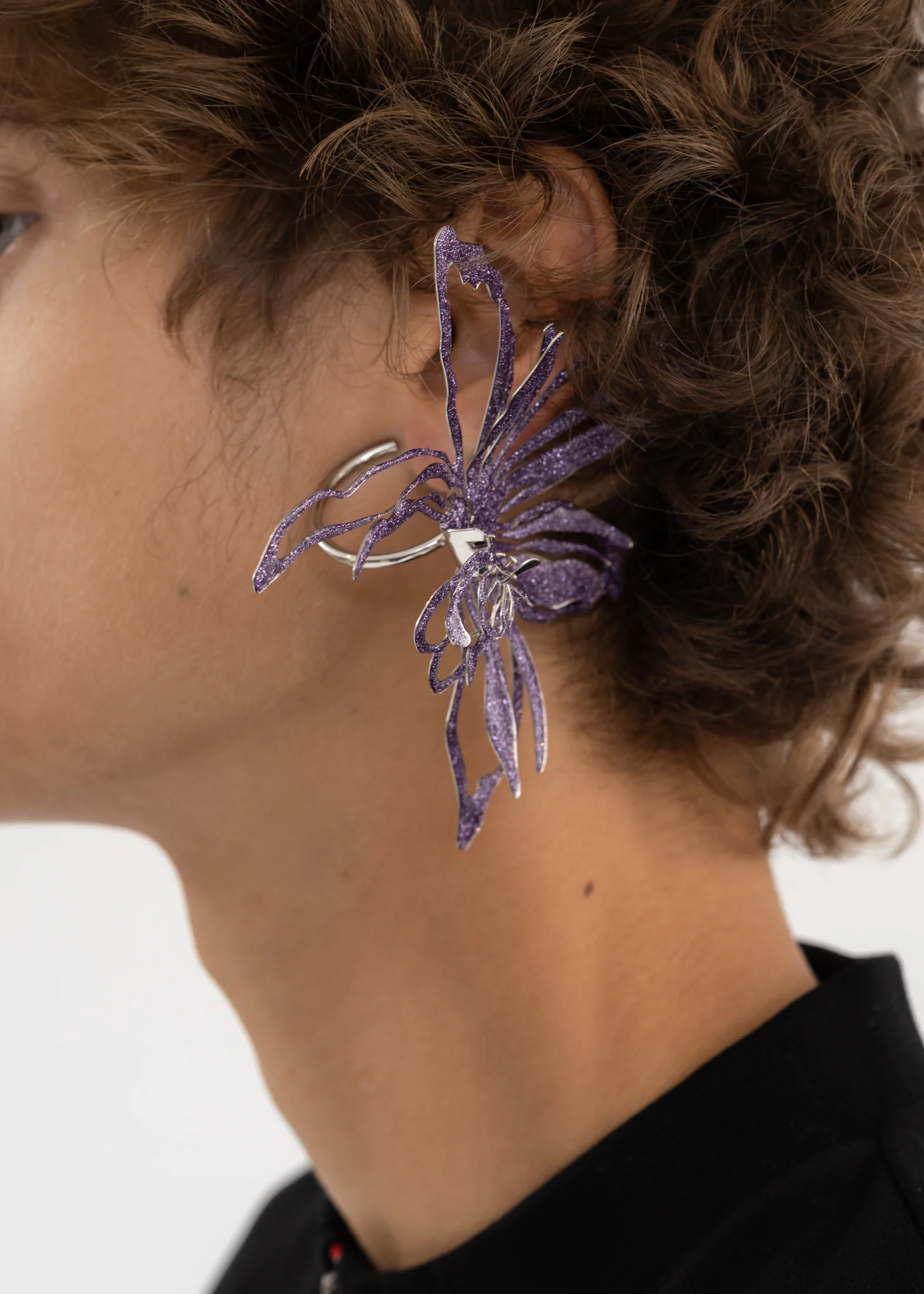 SILVER / PURPLE GLITTER ORCHID HOOPS - Single - Image 2