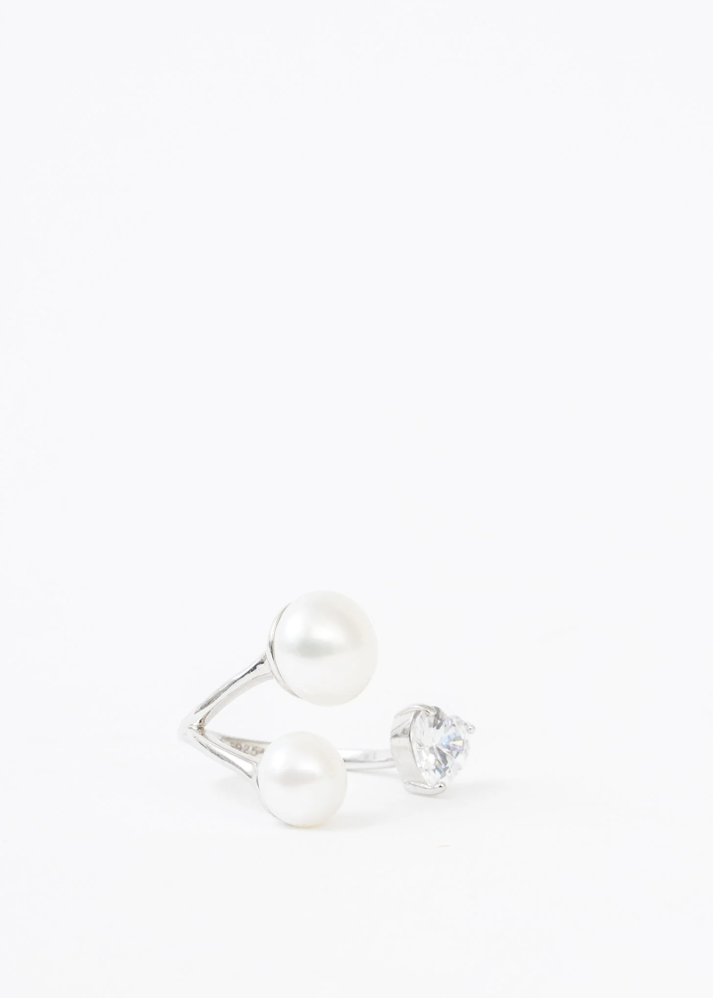 Silver Rhinestone And Double Pearl Ring