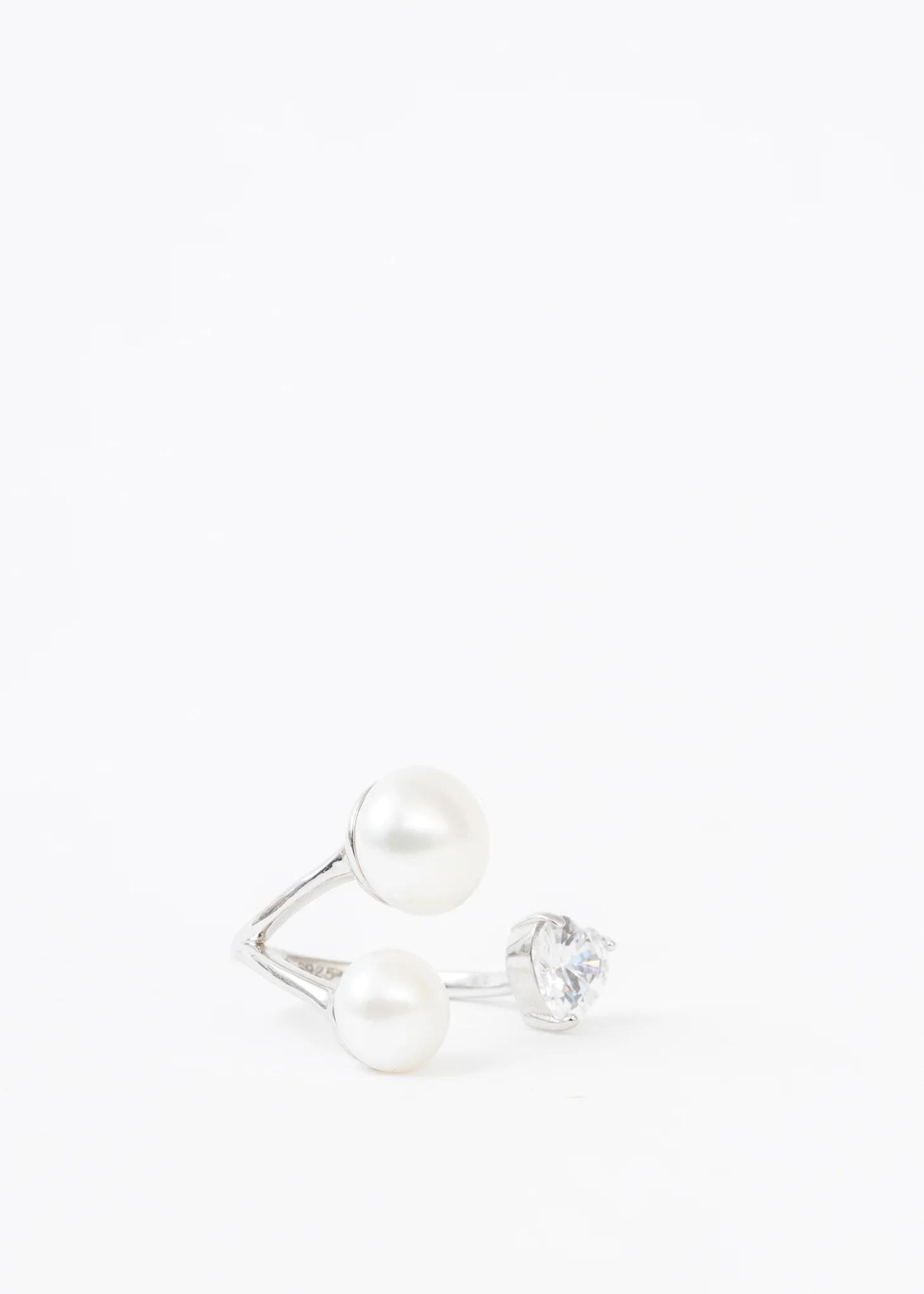 Silver Rhinestone And Double Pearl Ring