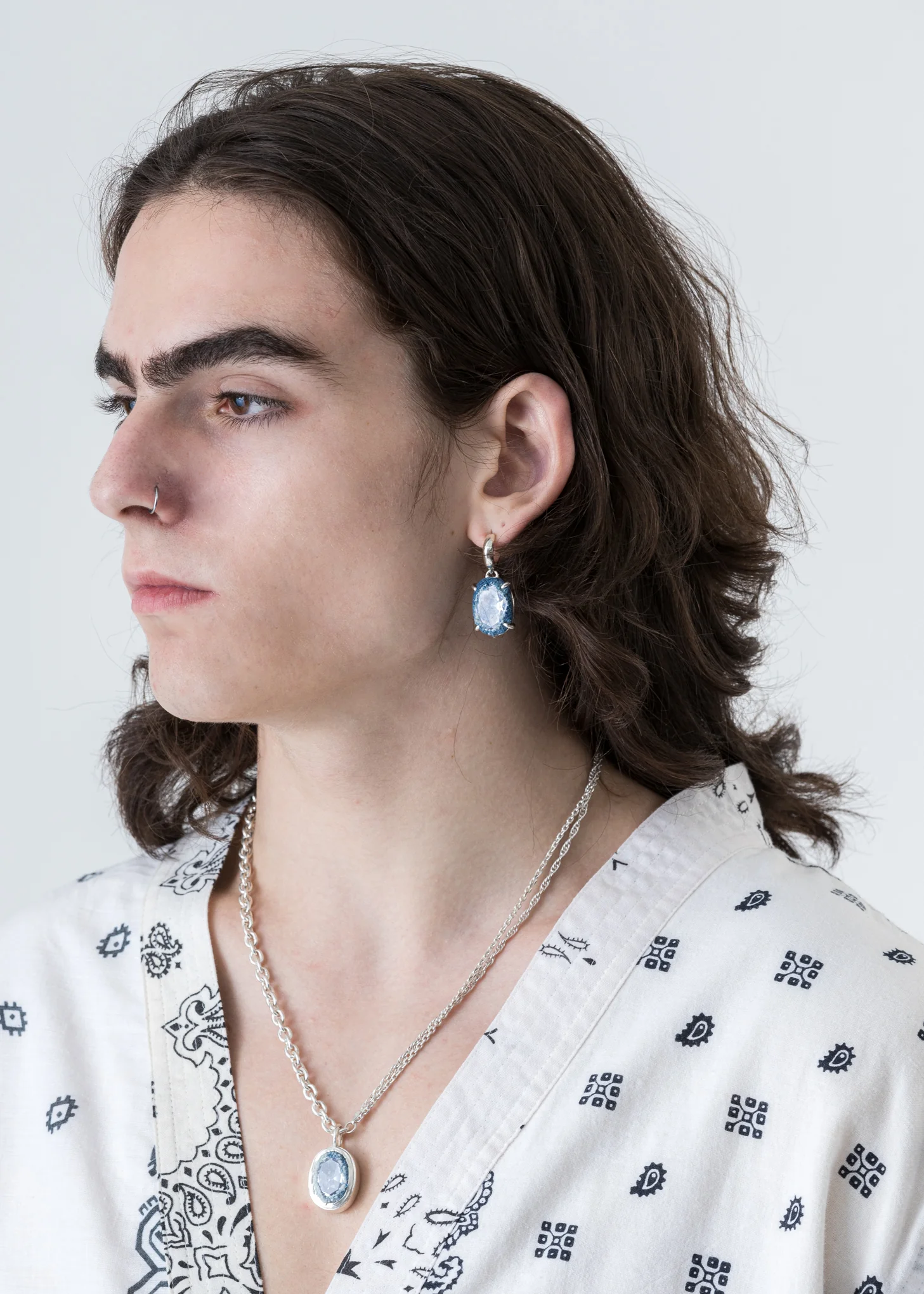 Silver Small Hoop Oval Single Earring (Blue Denim, Clear Stone) - Image 2