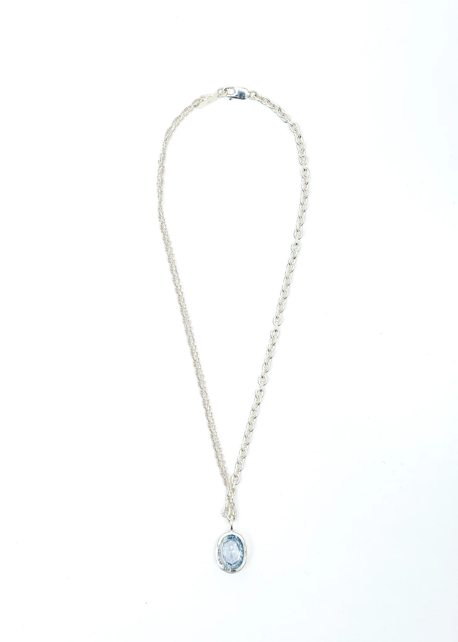Silver Small Satellite Oval Necklace (Blue Denim, Clear Stone)
