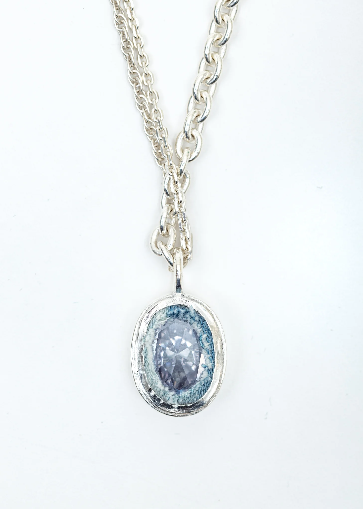 Silver Small Satellite Oval Necklace (Blue Denim, Clear Stone) - Image 3