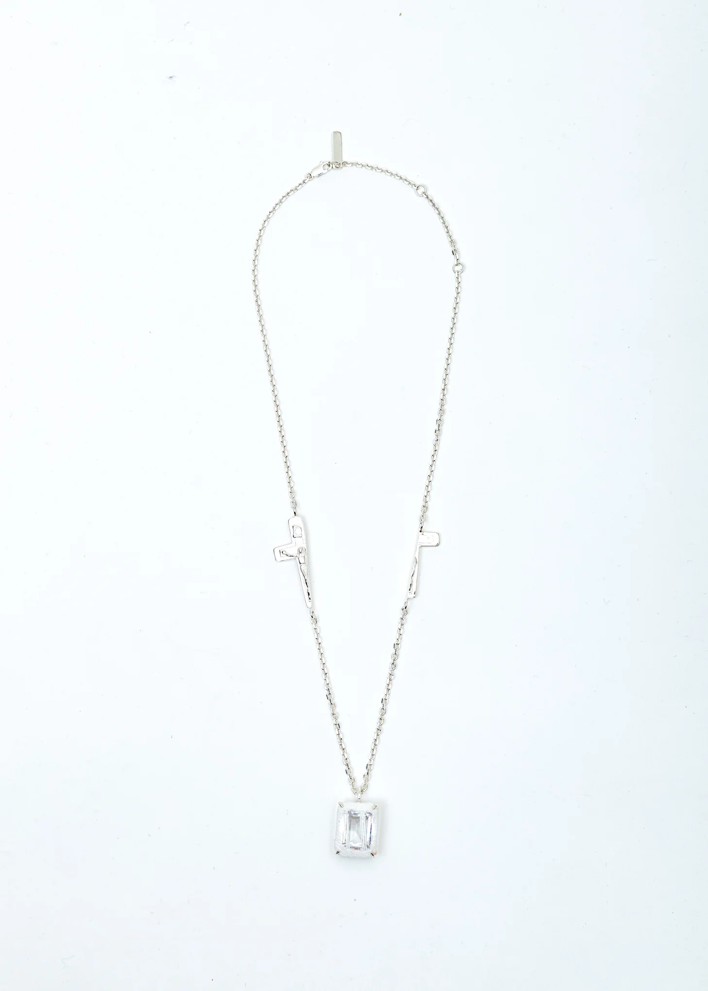 Silver Split Crucifix Denim Octagonal Necklace (White Denim, Clear Stone)