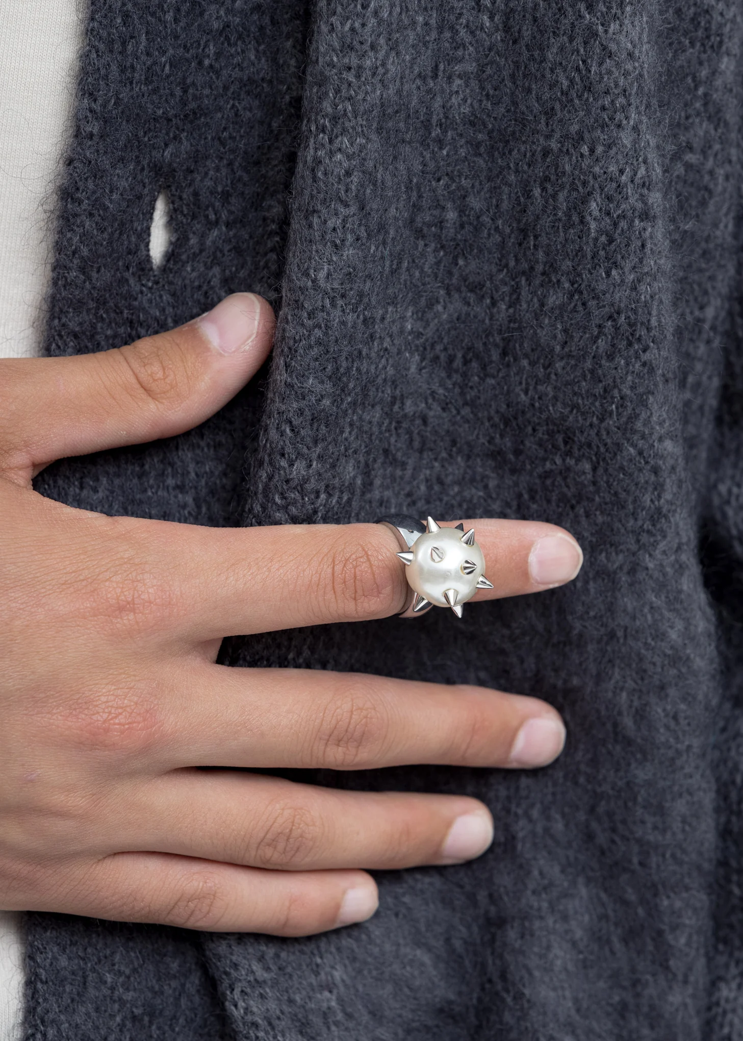 Silver Studded Pearl Ring - Image 2