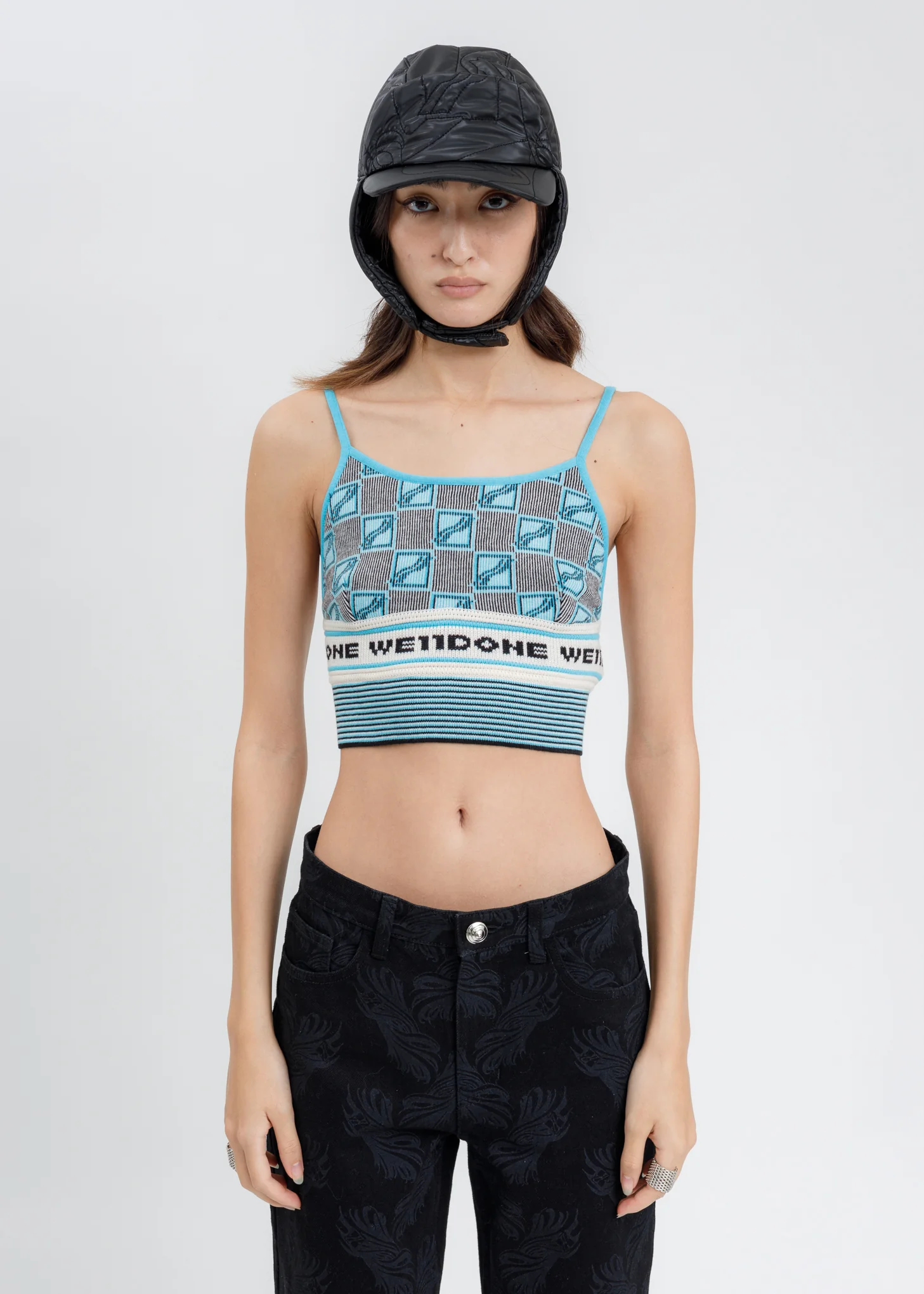 Sky All Over Logo Stripe Bra Top