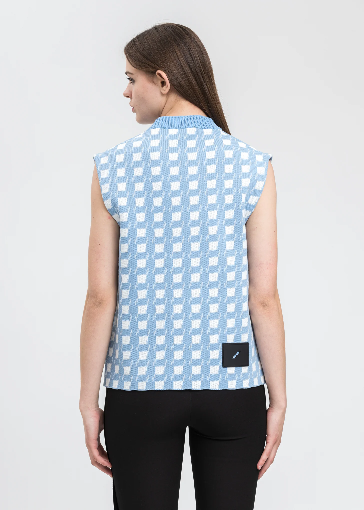 Sky Blue Gingham Check Jacquard Vest - Image 3