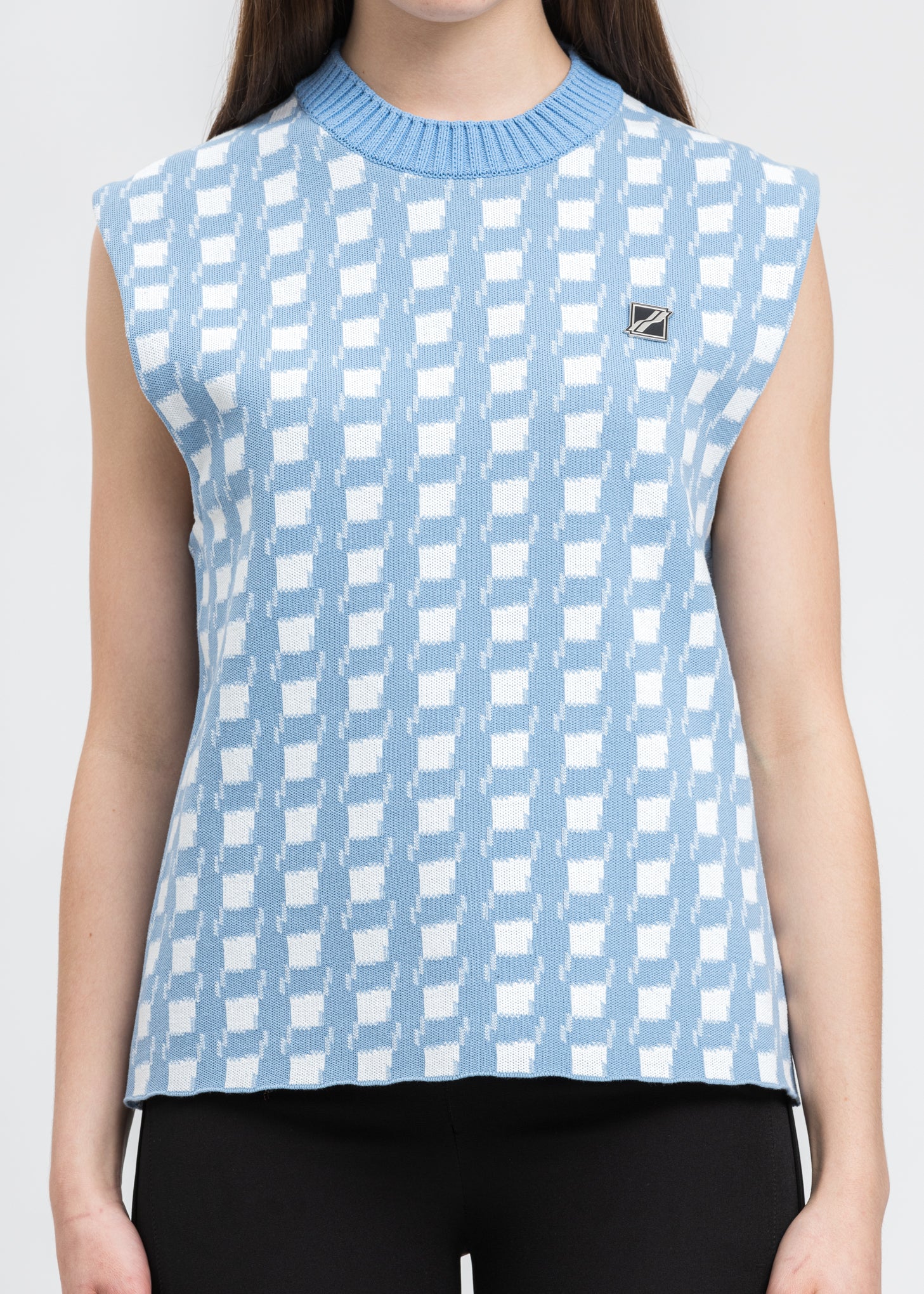 Sky Blue Gingham Check Jacquard Vest - Image 4