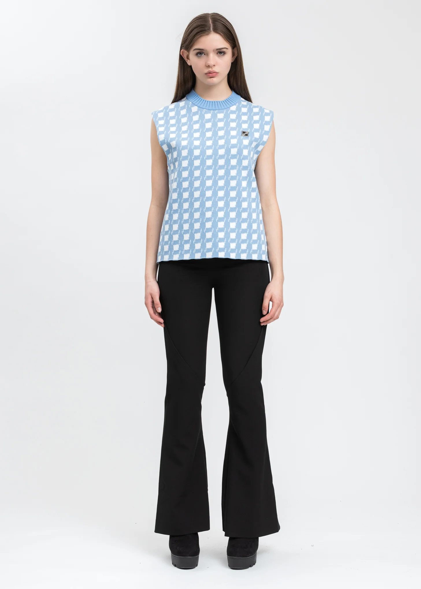 Sky Blue Gingham Check Jacquard Vest - Image 5