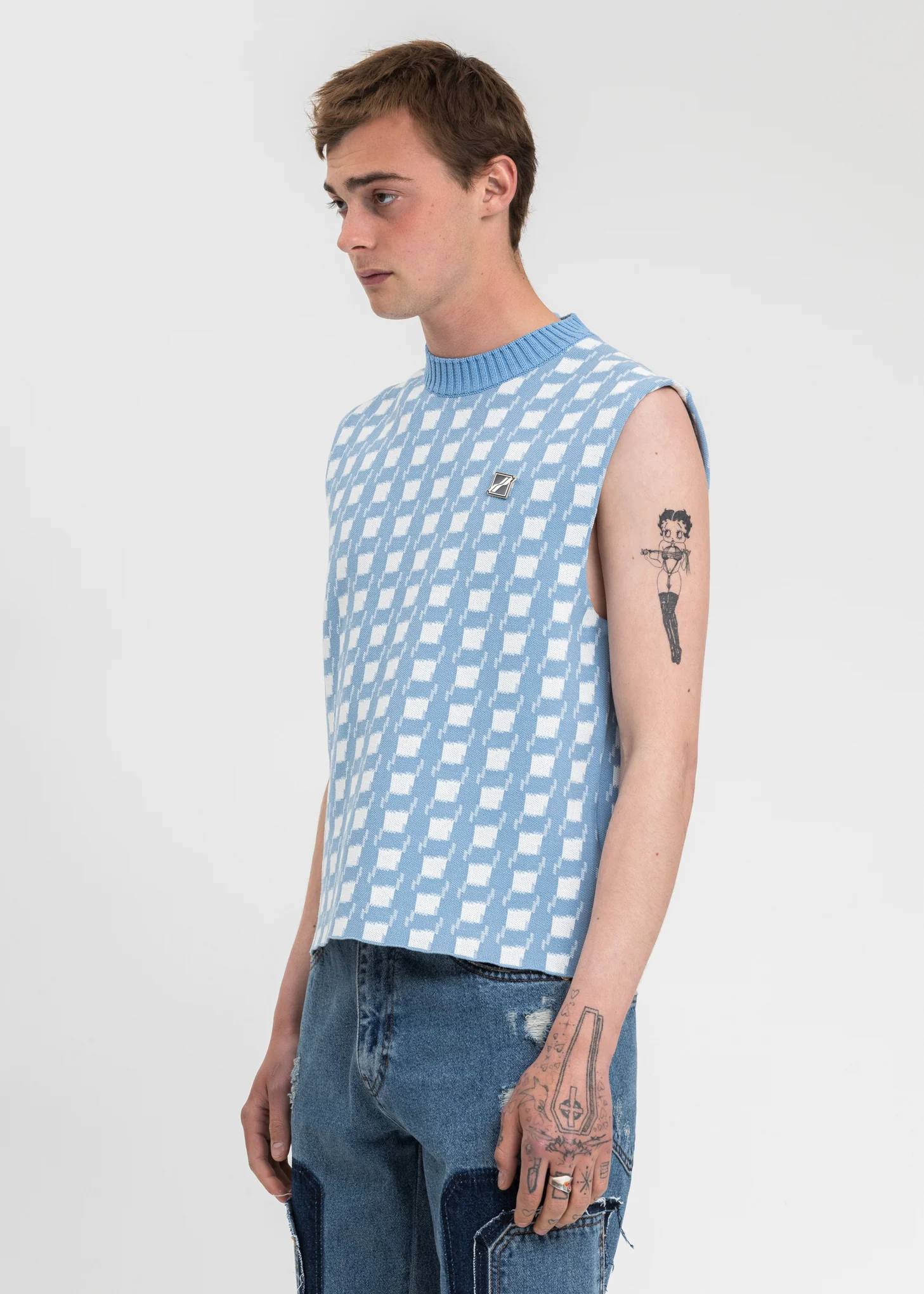 Sky Blue Gingham Check Jacquard Vest - Image 2